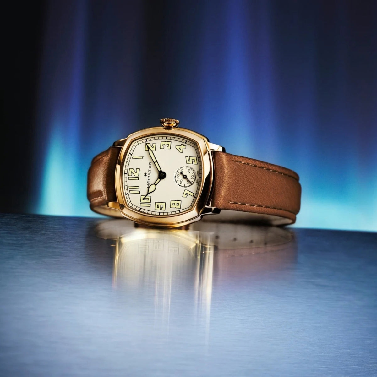 Hamilton American Classic Cushion Mechanical 34mm Beige Dial Yellow Gold-Tone Steel Leather Mens Manual-Wind Watch H36139520