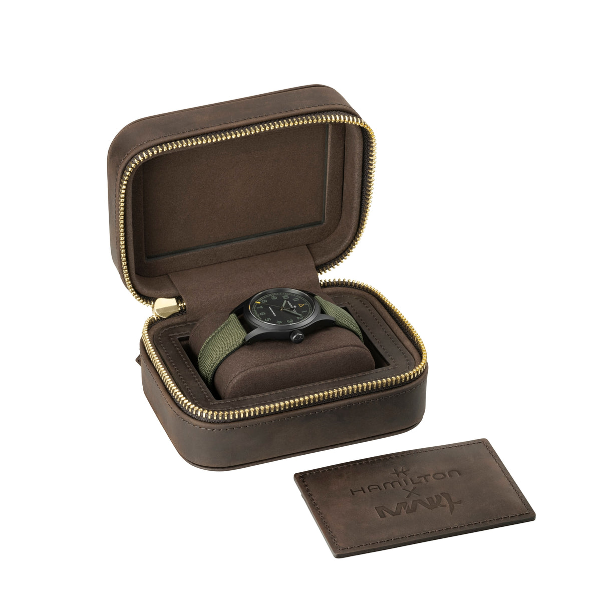 Hamilton Khaki Field Call of Duty H69469930 watch resting inside open custom leather travel case