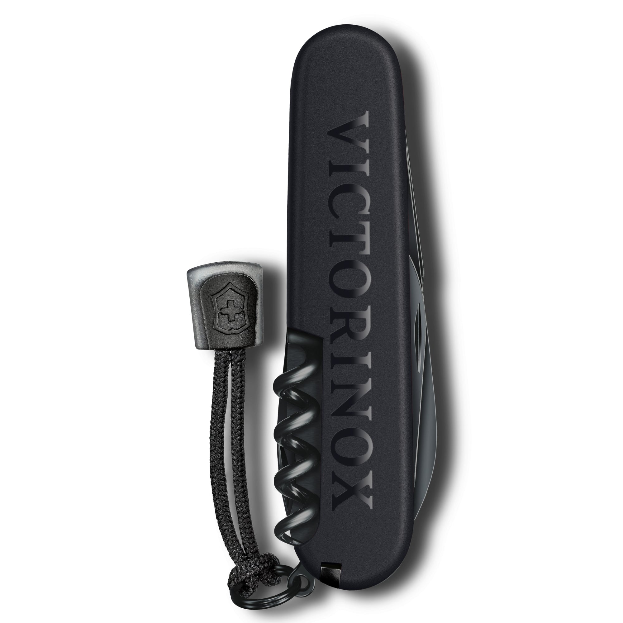 Close-up of black Victorinox multi-tool knife showing "VICTORINOX" branding, corkscrew and key ring attachment