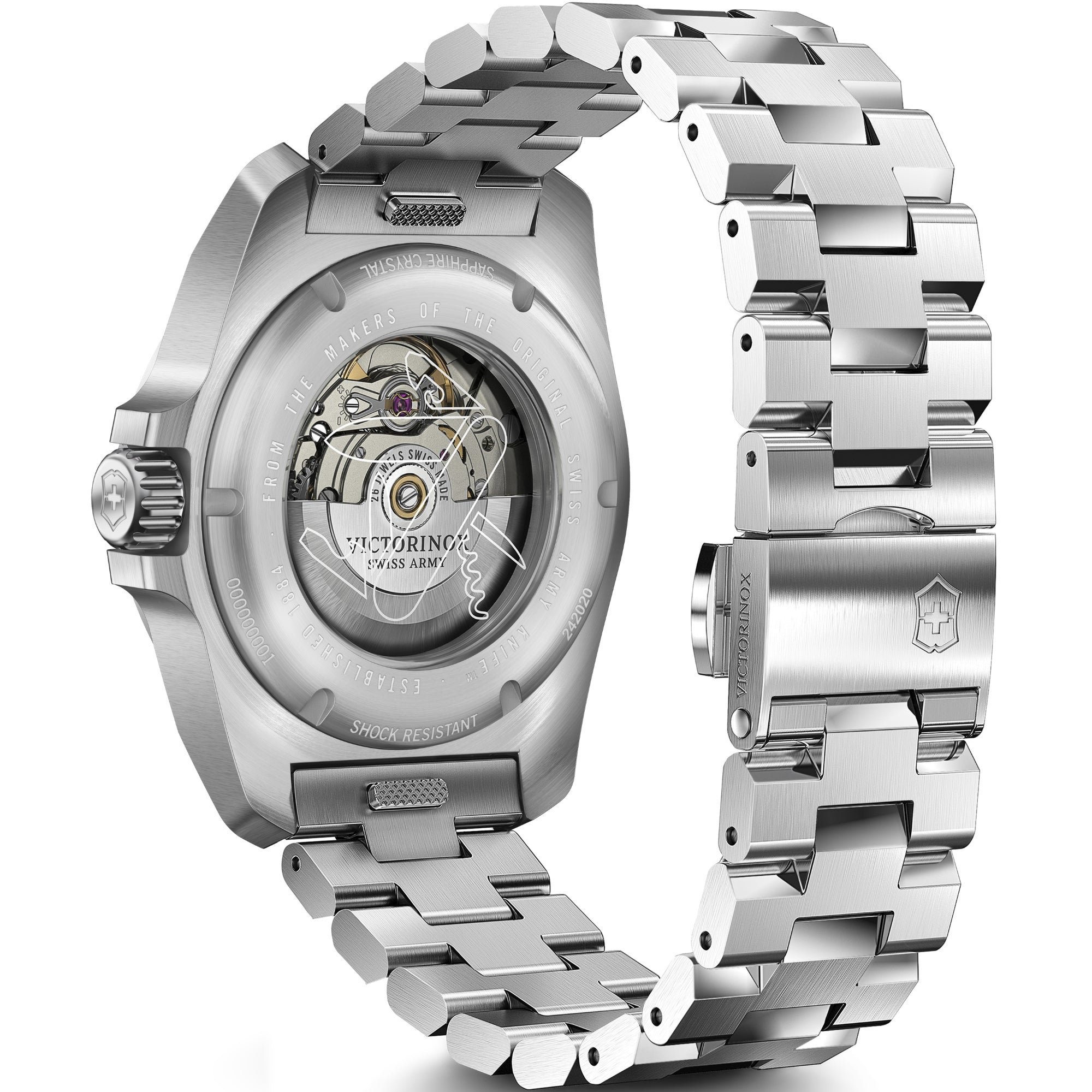 Victorinox I.N.O.X. 242020 exhibition case-back and stainless steel bracelet with a deployment clasp