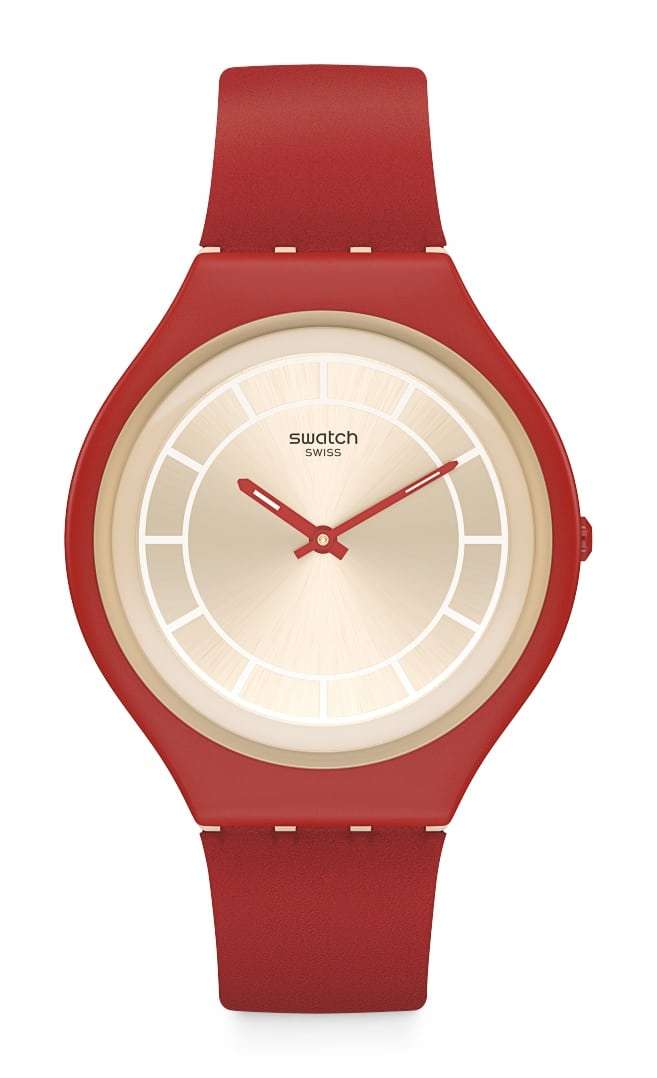 Swatch Skinhot Gehäuse Beigefarbenes Zifferblatt Rotes Lederarmband Uhr