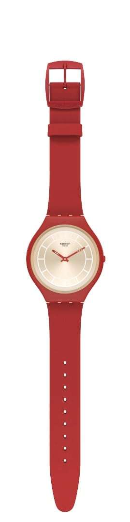 Swatch Skinhot Gehäuse Beigefarbenes Zifferblatt Rotes Lederarmband Uhr