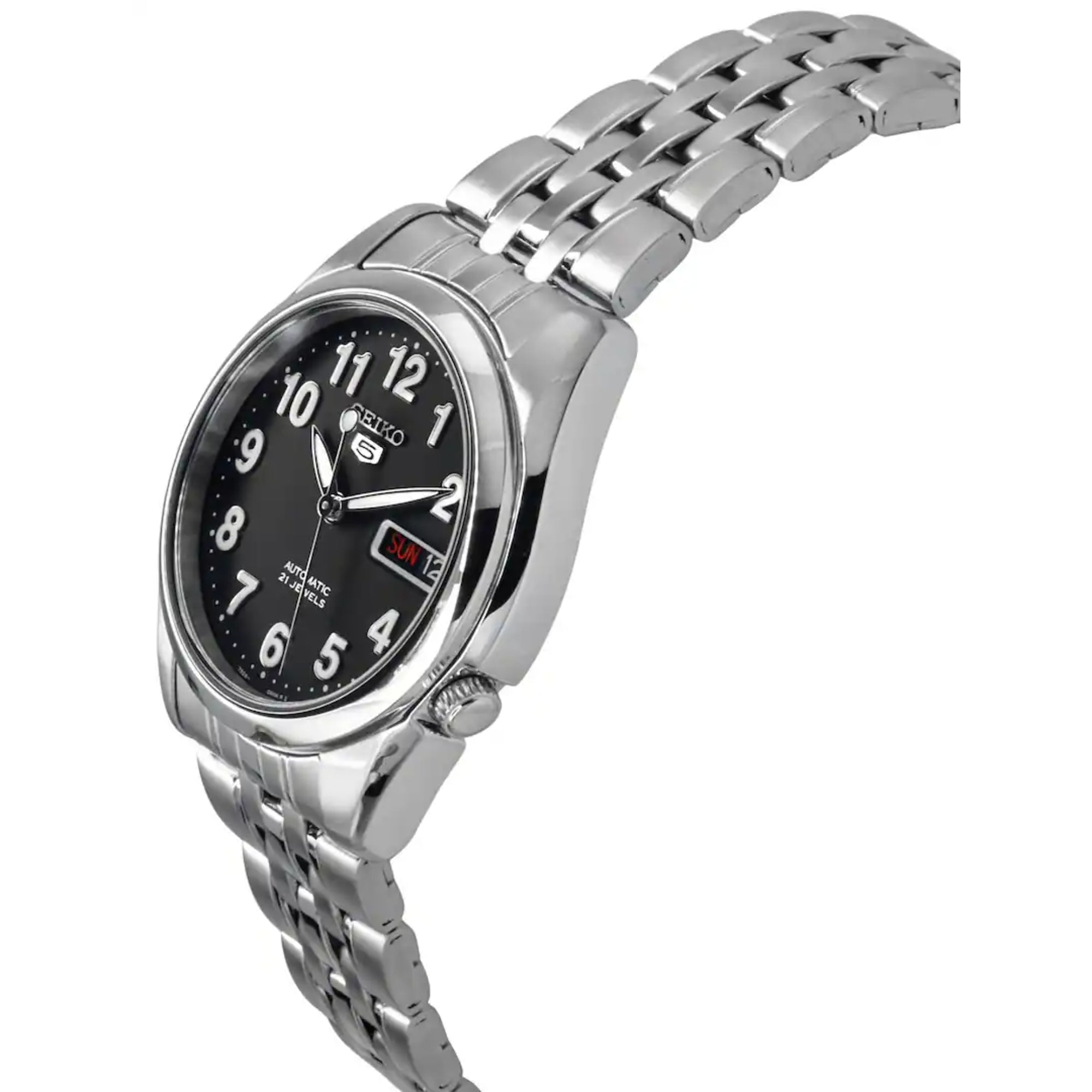 Angled view of Seiko 5 SNK381K1 automatic black dial with steel bracelet
