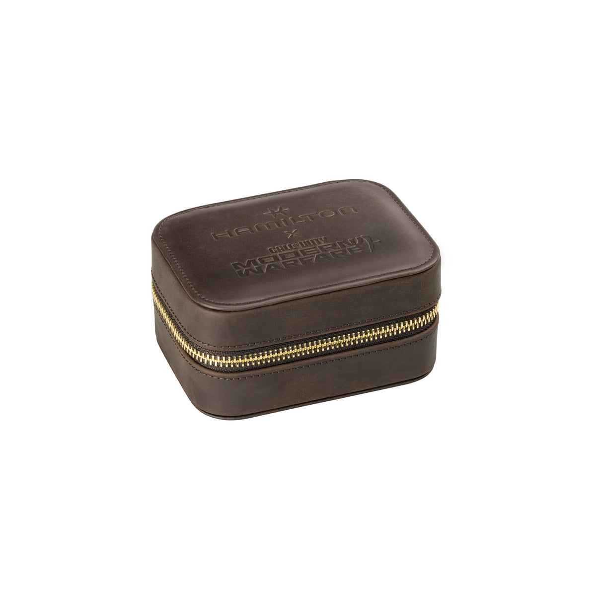 Hamilton Khaki Field Call of Duty H69469930 closed brown leather presentation case with embossed branding