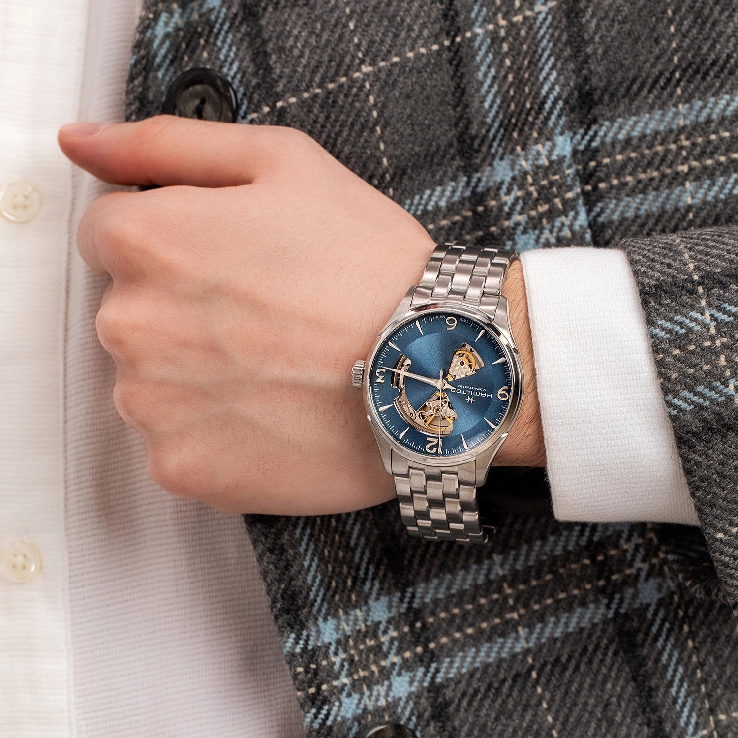 Hamilton Jazzmaster 42mm Open Heart Blue Dial Steel Mens Automatic Watch H32705142