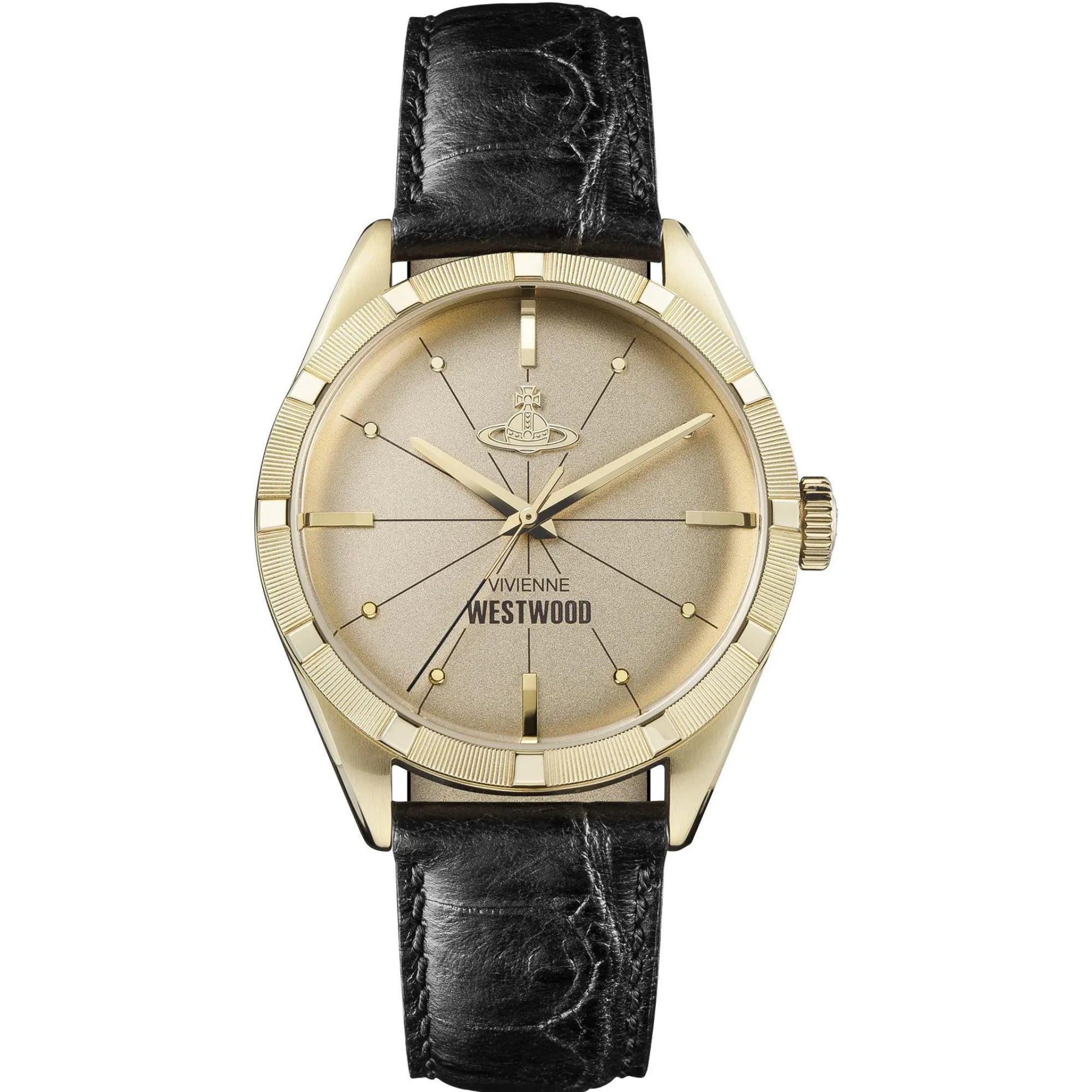 Vivienne Westwood Conduit Gold Zifferblatt Schwarzes Lederarmband Herren Uhr VV192GDBK