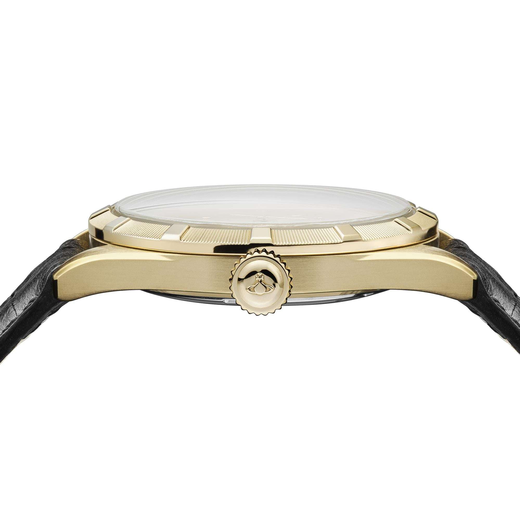 Vivienne Westwood Conduit Gold Zifferblatt Schwarzes Lederarmband Herren Uhr VV192GDBK