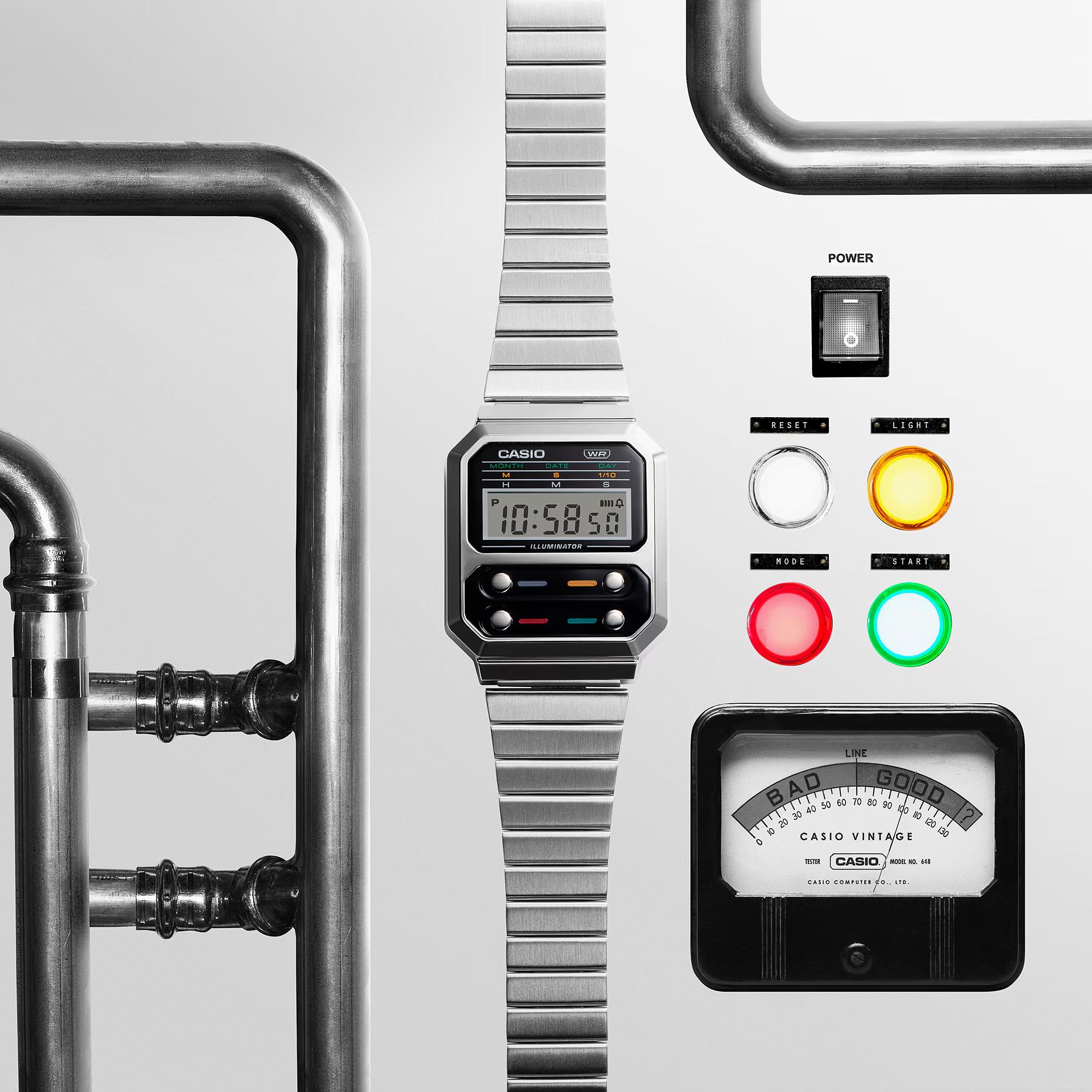 Casio Collection Vintage Retro Digital "F100 CASIO classic" Steel Bracelet Watch A100WE-1AEF