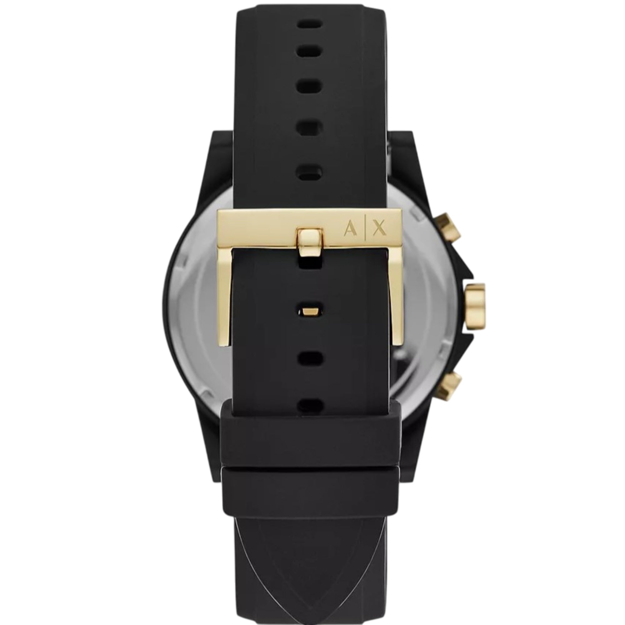 Armani Exchange A|X black silicone strap with gold buckle close-up view