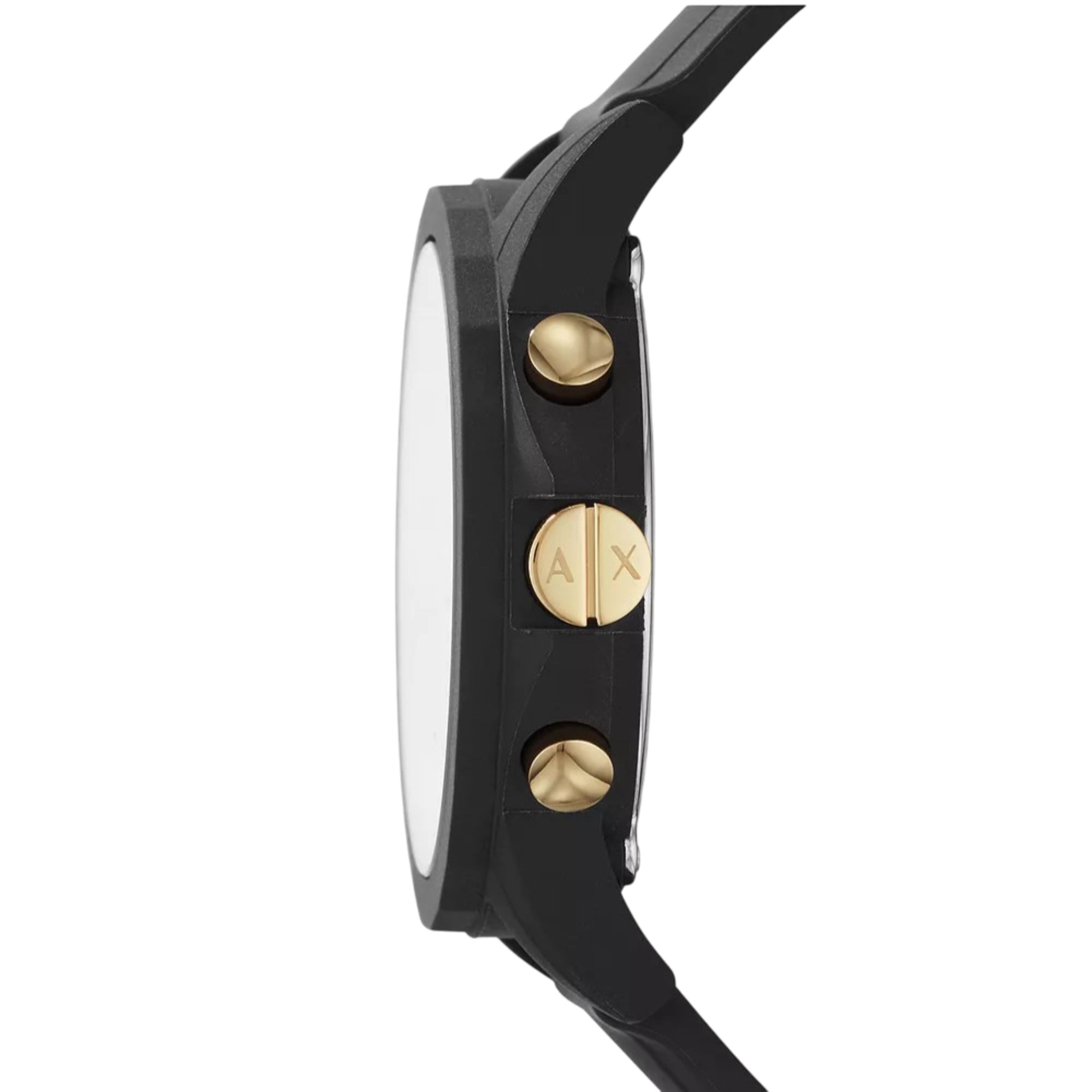 Side view of Armani Exchange chronograph watch showing black case, gold pushers and crown with rubber strap