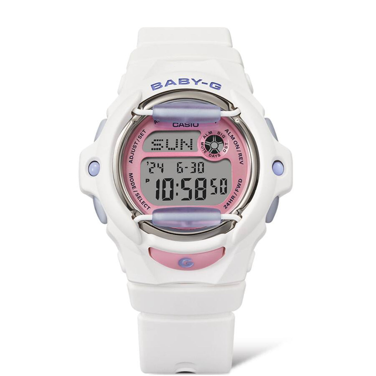 Casio Baby-G white resin watch featuring pink dial, day-date display and 24-hour form