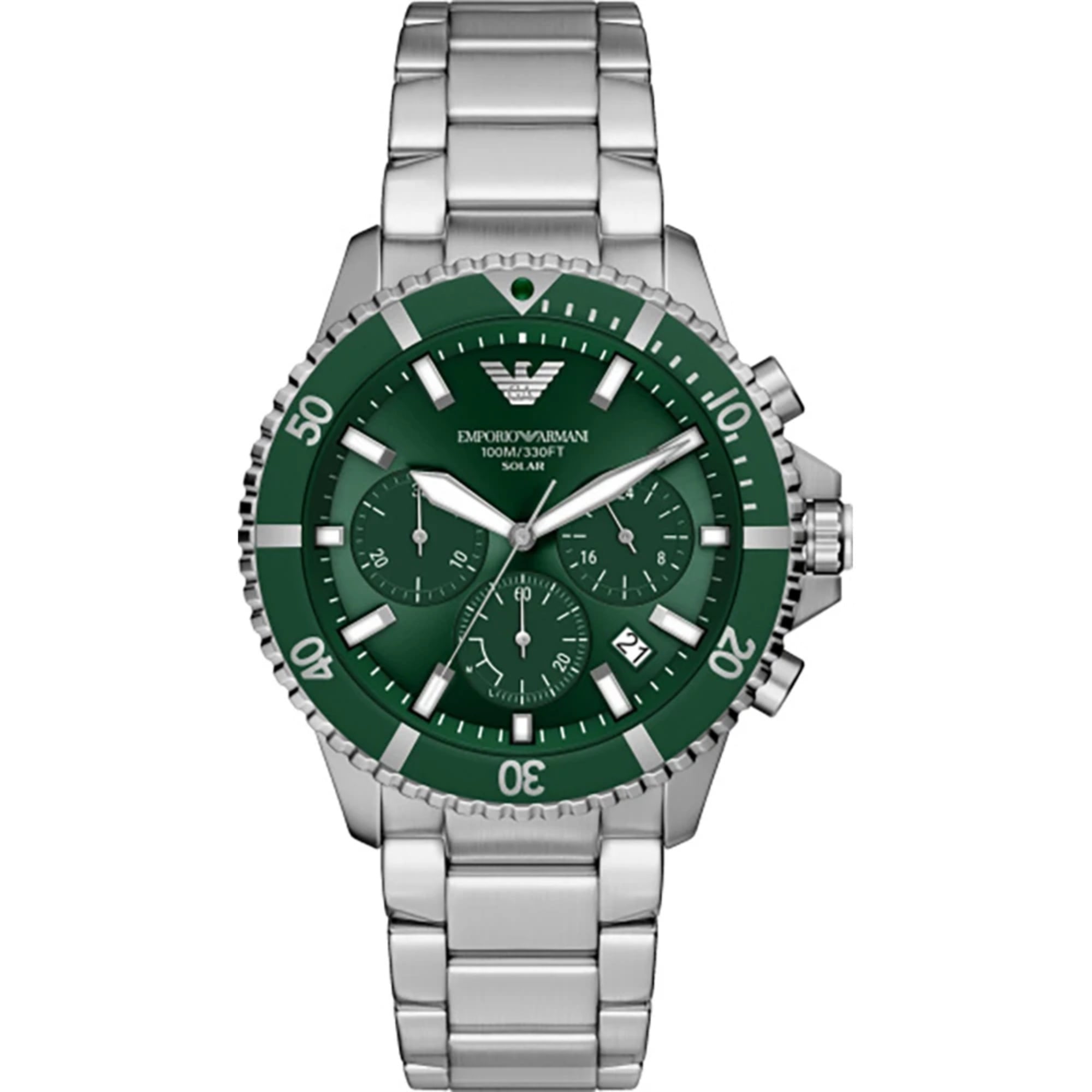 Emporio Armani World Explorer 43mm Chronograph Green Dial Steel Mens Solar Power Watch AR11741