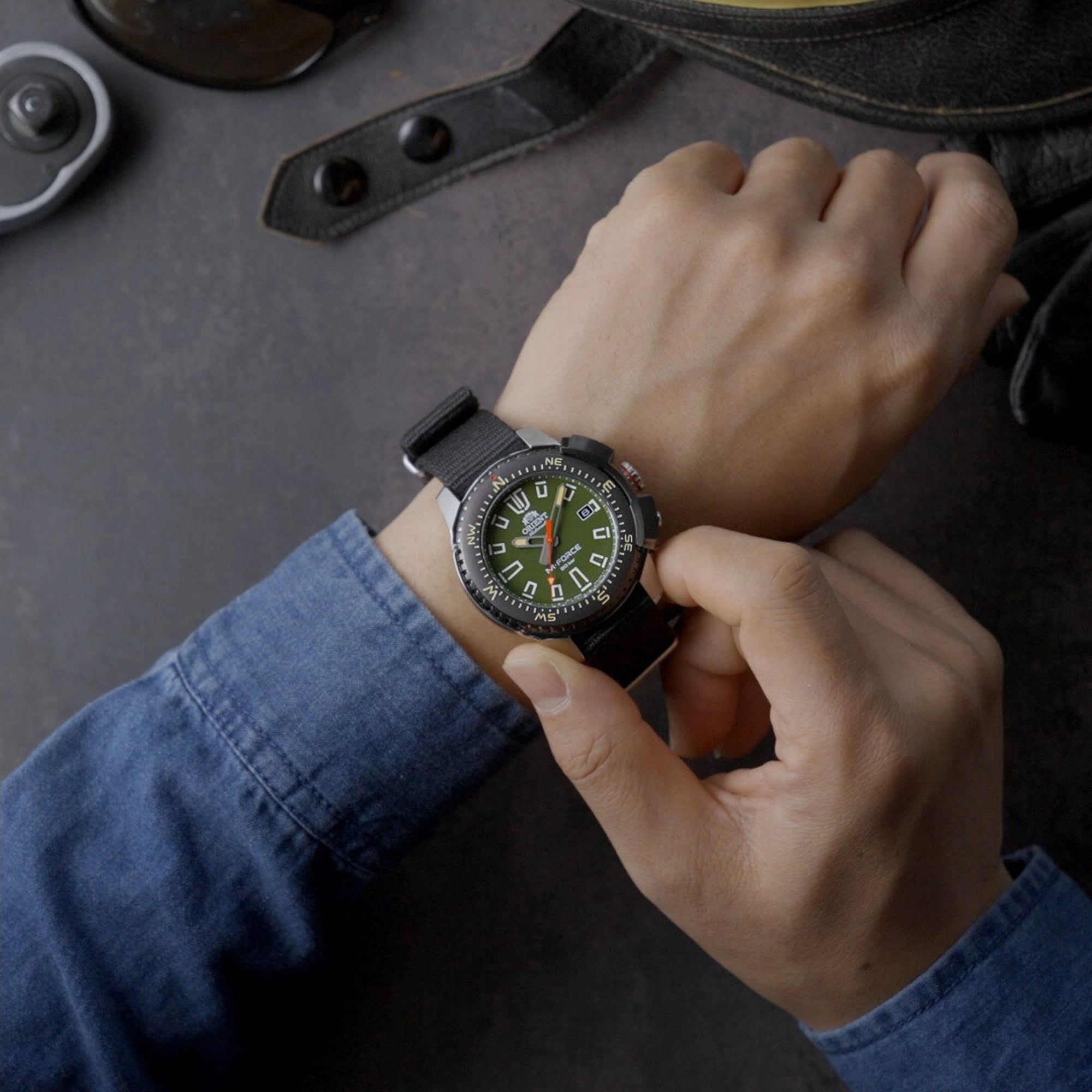 Orient M-Force 45mm Green Dial NATO Mens Automatic Watch RA-AC0N03E30B