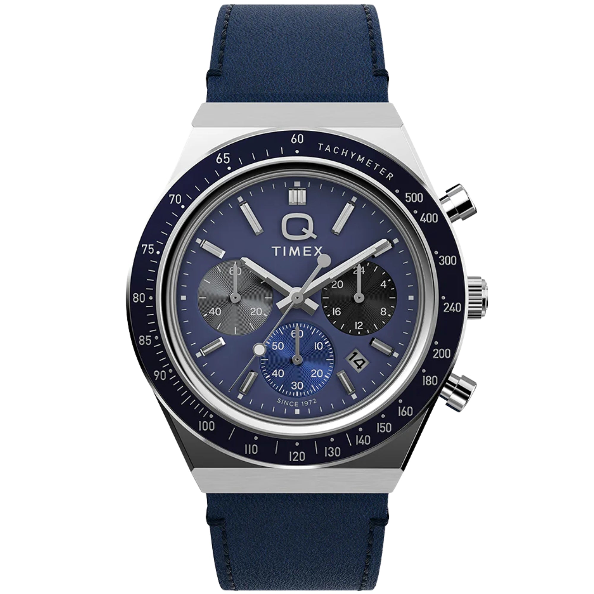 Timex Q 40mm Chronograph Blaues Zifferblatt Leder Herren Quarz Uhr TW2Y36100
