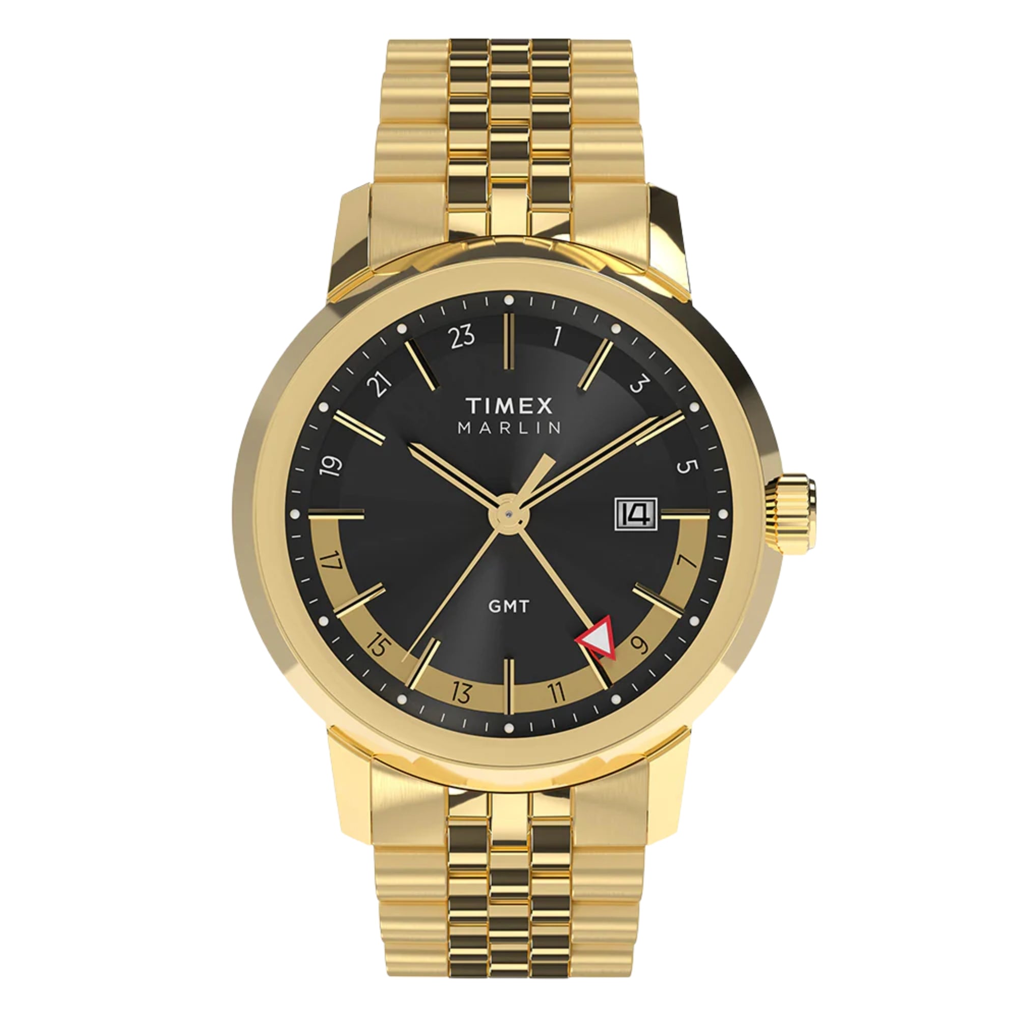 Timex Marlin 40mm GMT black dial gold-tone steel watch TW2Y47700 front view
