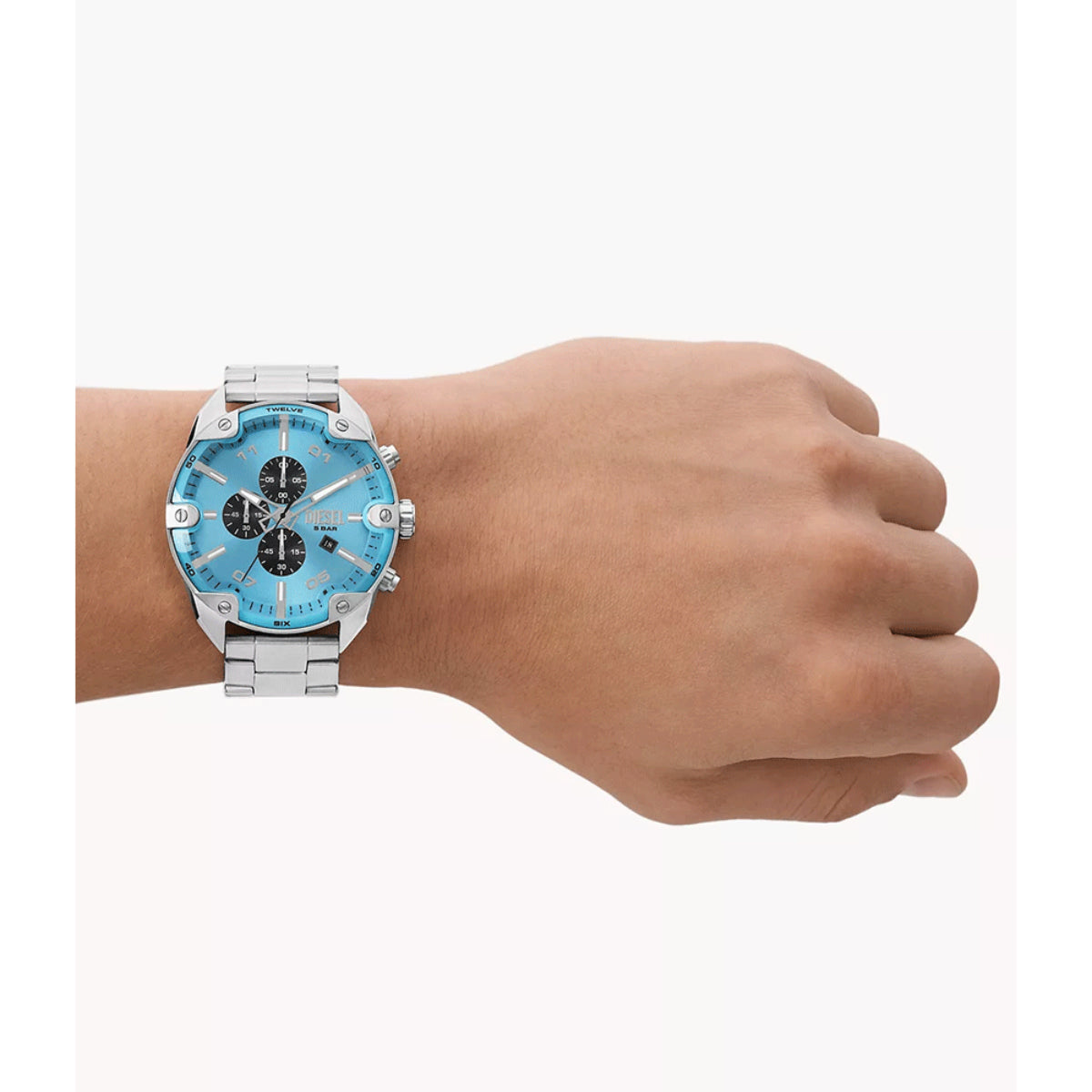Diesel Spiked 49mm Chronograph mit blauem Zifferblatt und Stahlarmband für Herren DZ4655