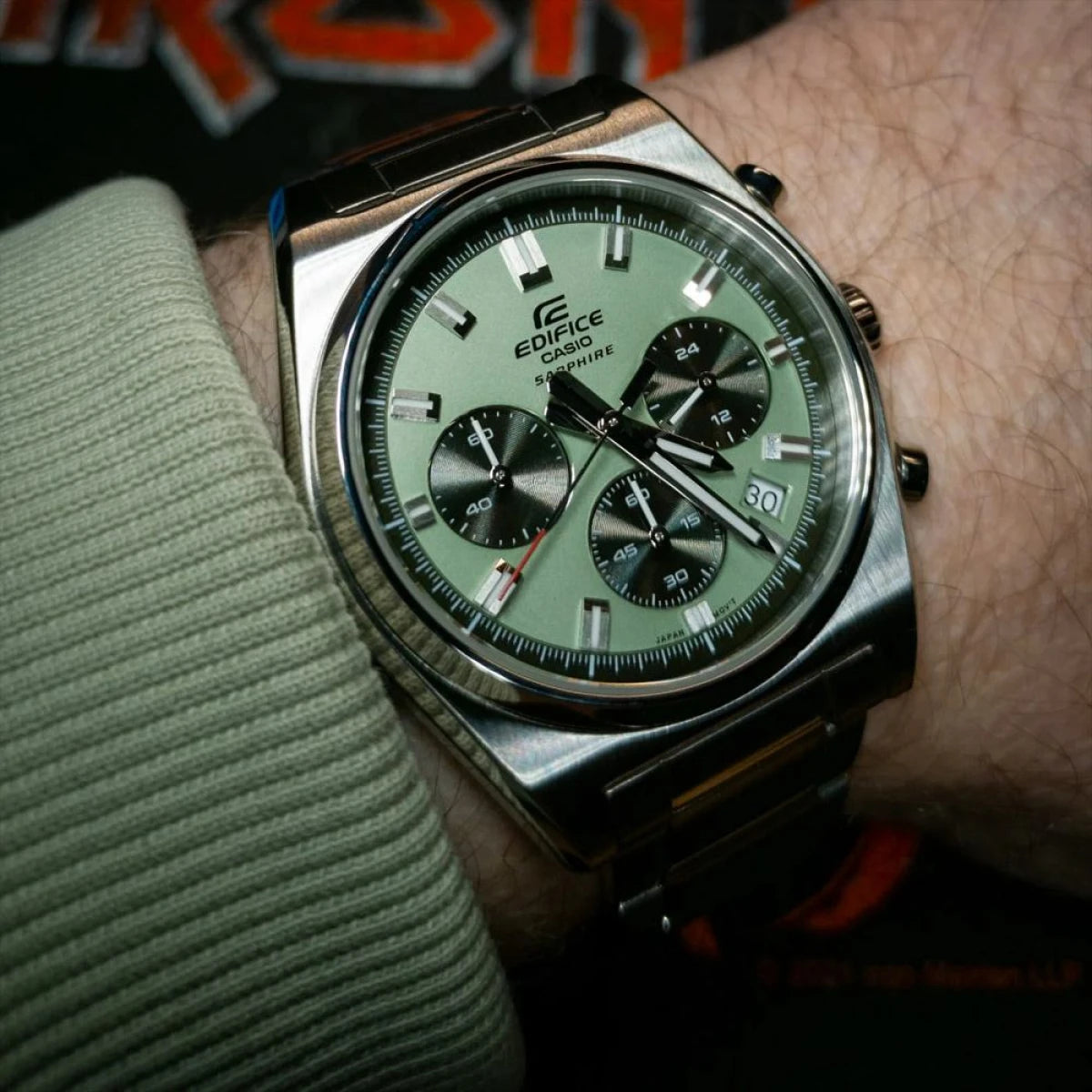 Casio Edifice 40mm Chronograph Green Dial Steel Mens Quartz Watch EFB-730D-3AVUEF