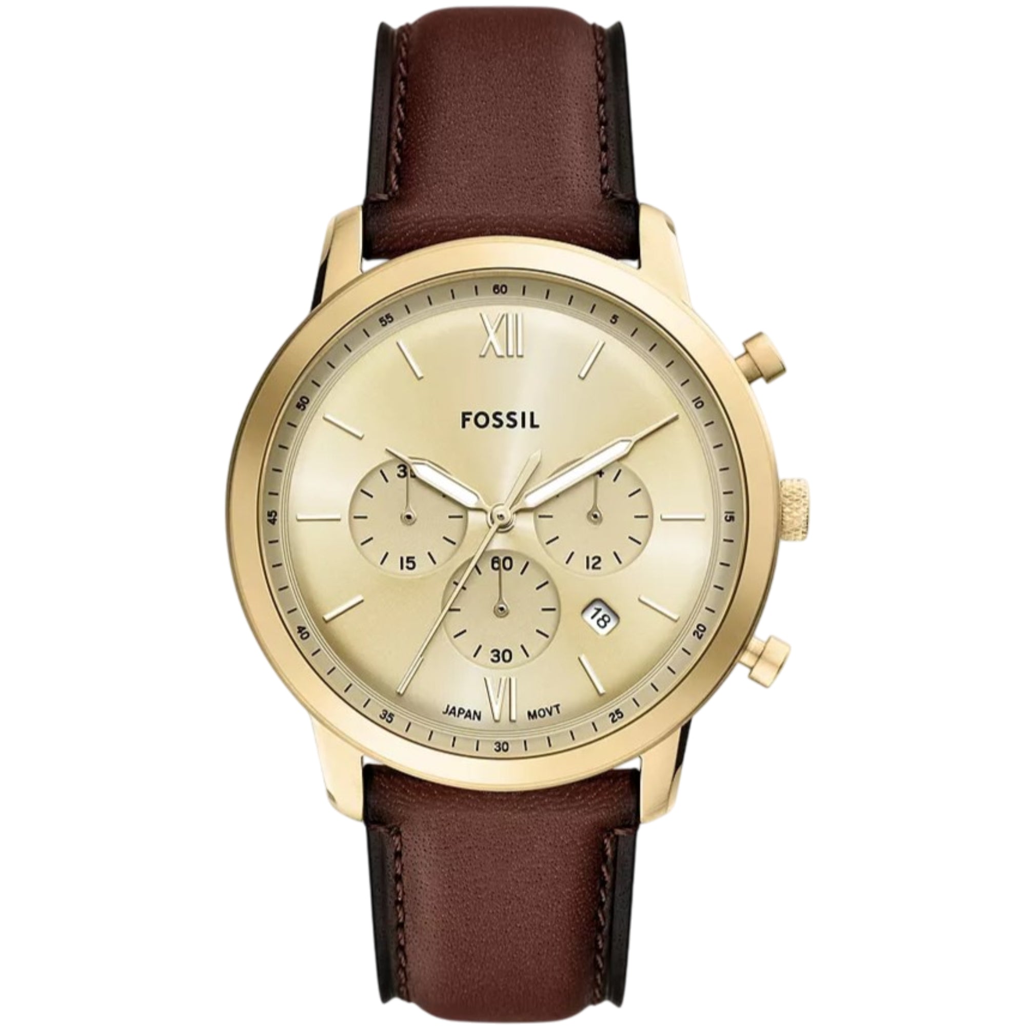 Fossil Neutra 44mm Chronograph Goldenes Zifferblatt Leder Herren Quarz Uhr FS6113