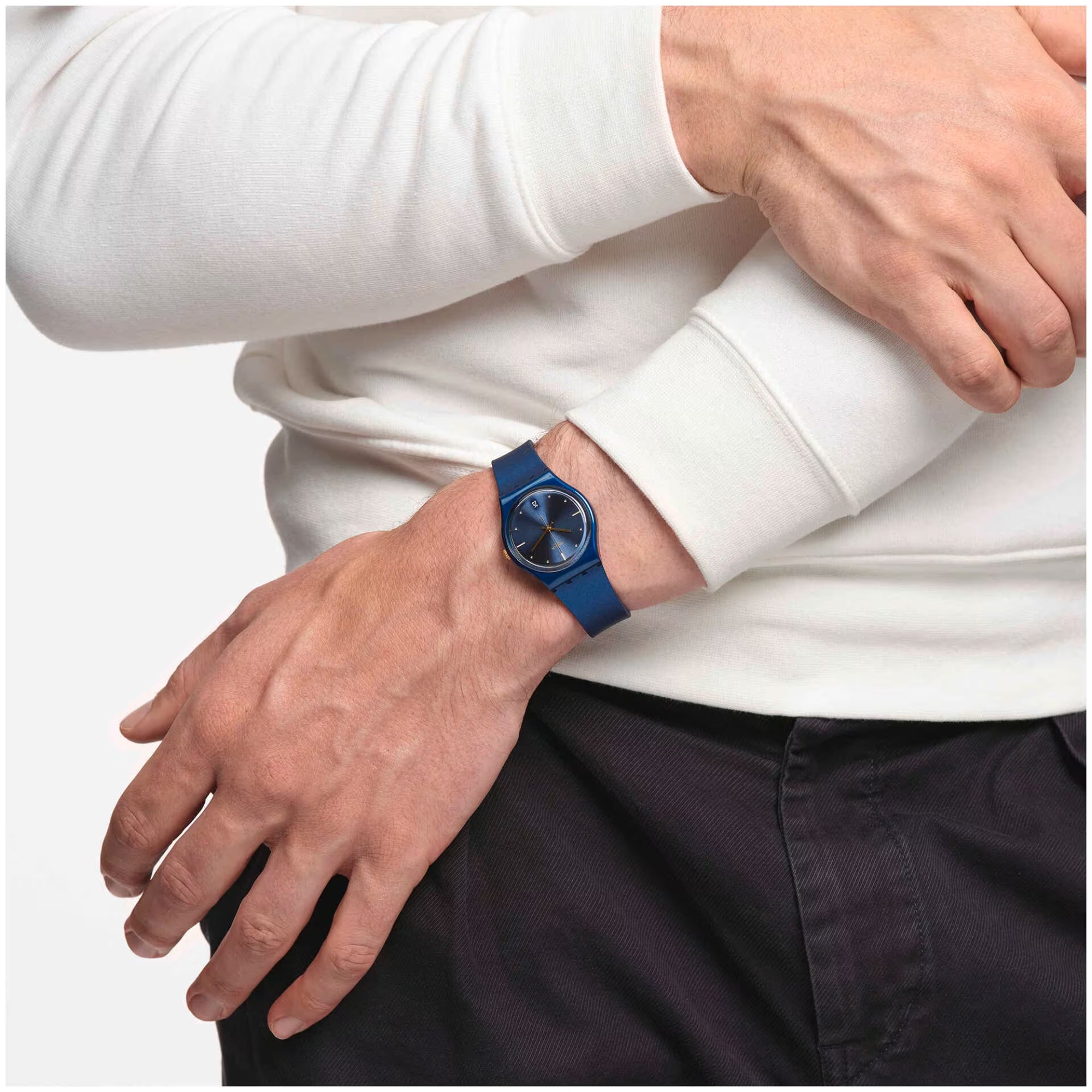 Swatch Gent Pearlyblue Quarz Blaues Zifferblatt Blaues Silikon Armband Uhr GN417