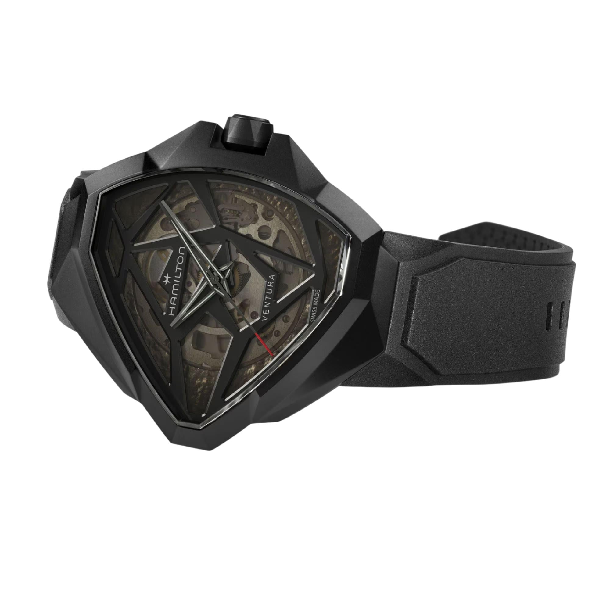 Hamilton Ventura watch H24645330, showcasing its distinctive shield-shaped geometric case, skeletonized dial with Hamilton branding, and black rubber strap