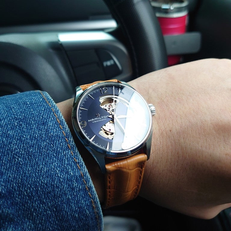 Hamilton Jazzmaster 42mm open heart blue dial revealing movement watch on wrist