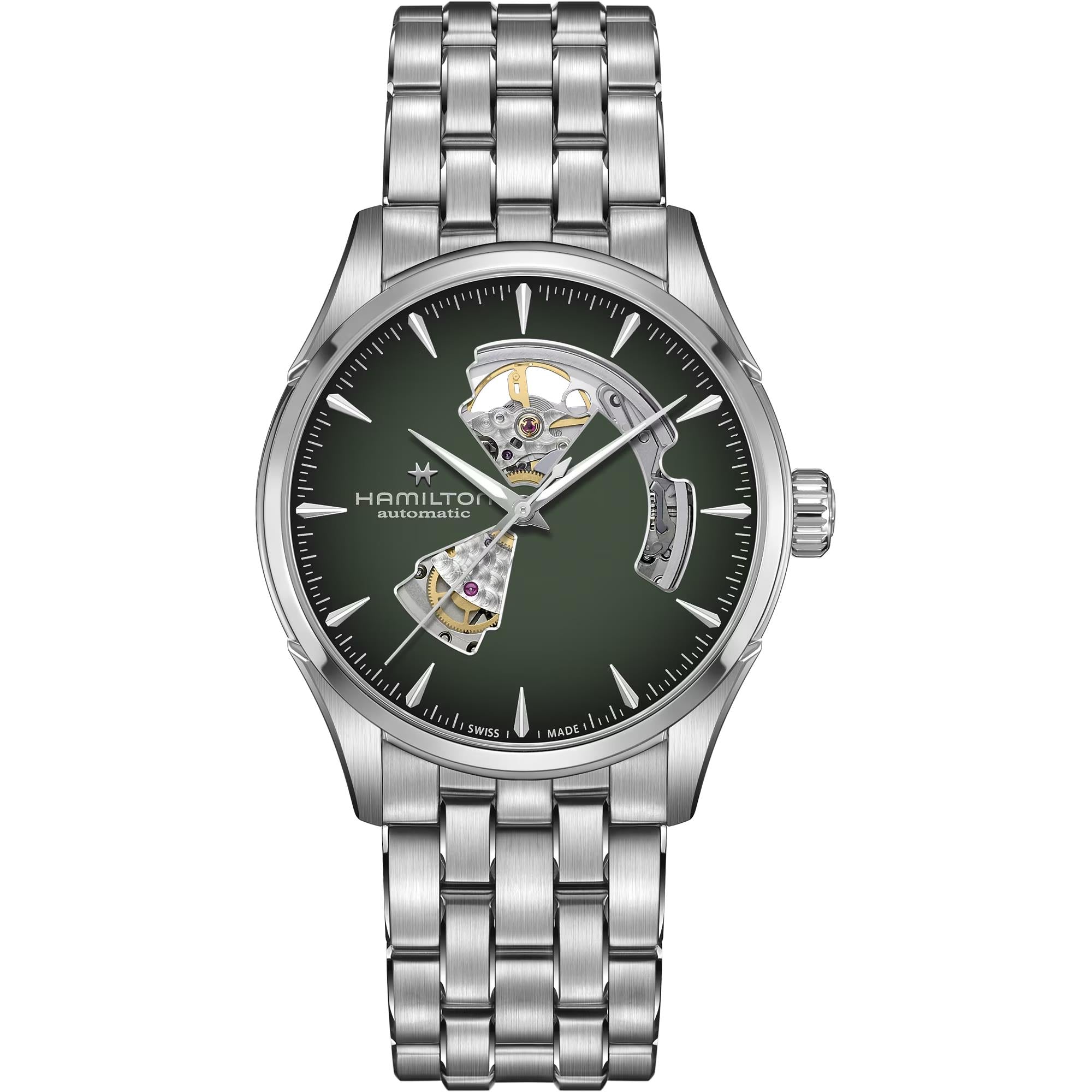 Hamilton Jazzmaster 42mm Open Heart green dial steel bracelet automatic watch H32705160 front view