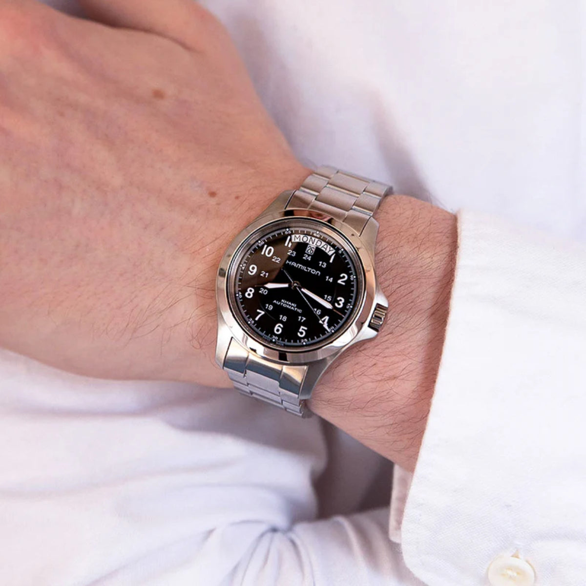 Hamilton Khaki Field Military King Black Dial Steel watch worn on wrist H64455133