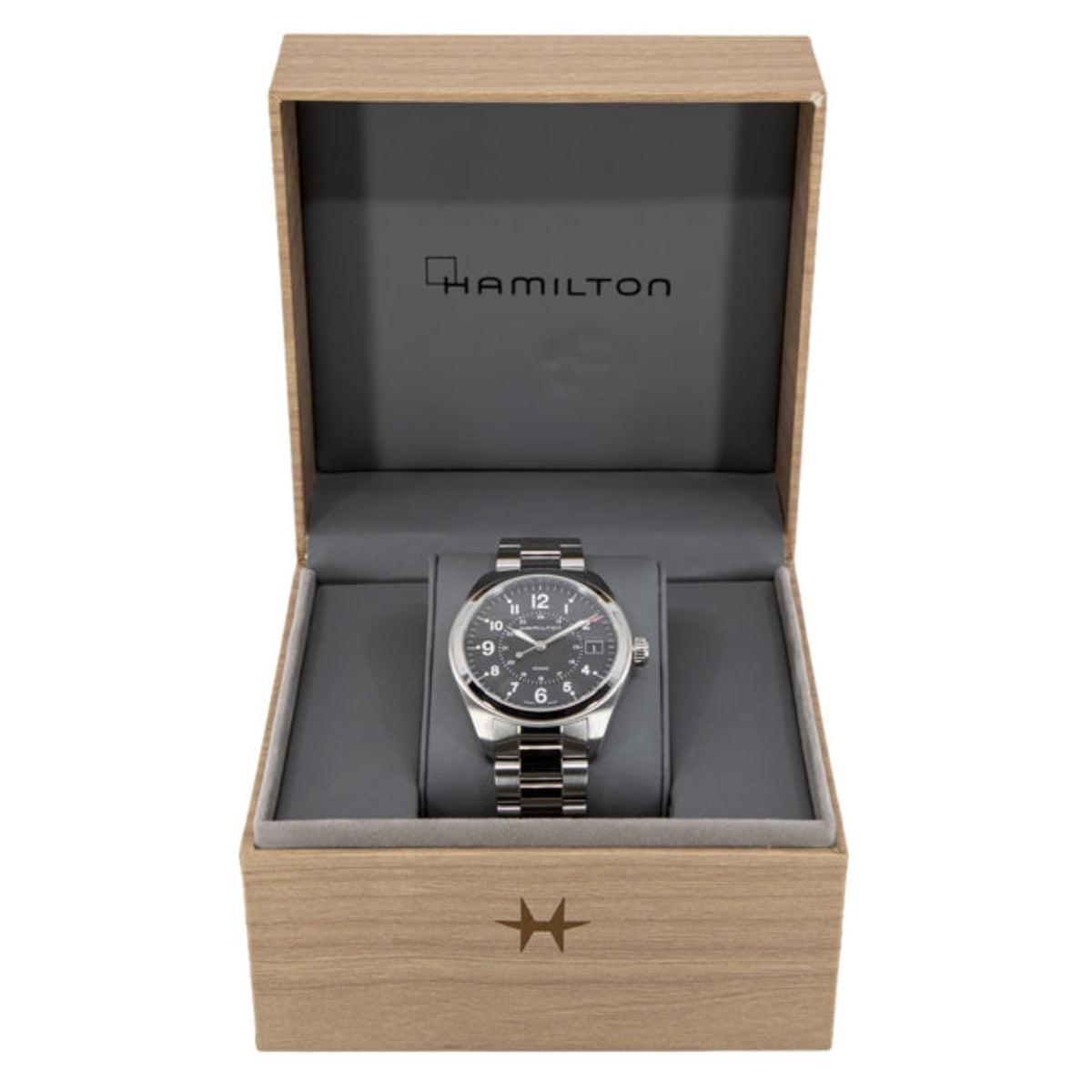 Hamilton Khaki Field H68551933 watch in its official Hamilton packaging box front view