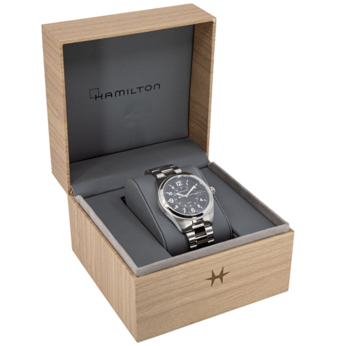 Hamilton Khaki Field H68551933 watch in its official Hamilton packaging box side view