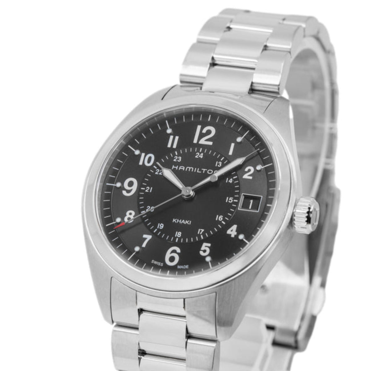 Hamilton Khaki Field H68551933 black two-step dial with Arabic numerals and 24-hour scale close-up
