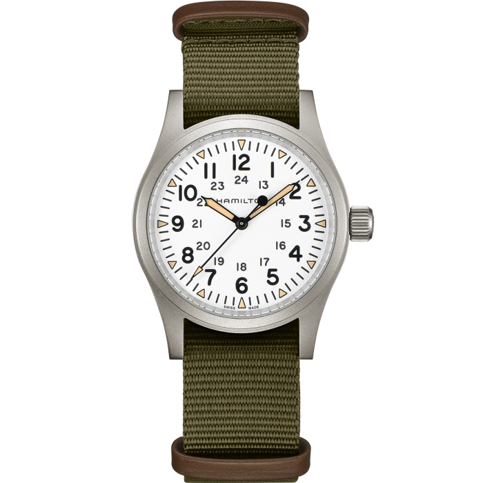 Hamilton Khaki Field 38mm white dial NATO mechanical watch H69439411 front view