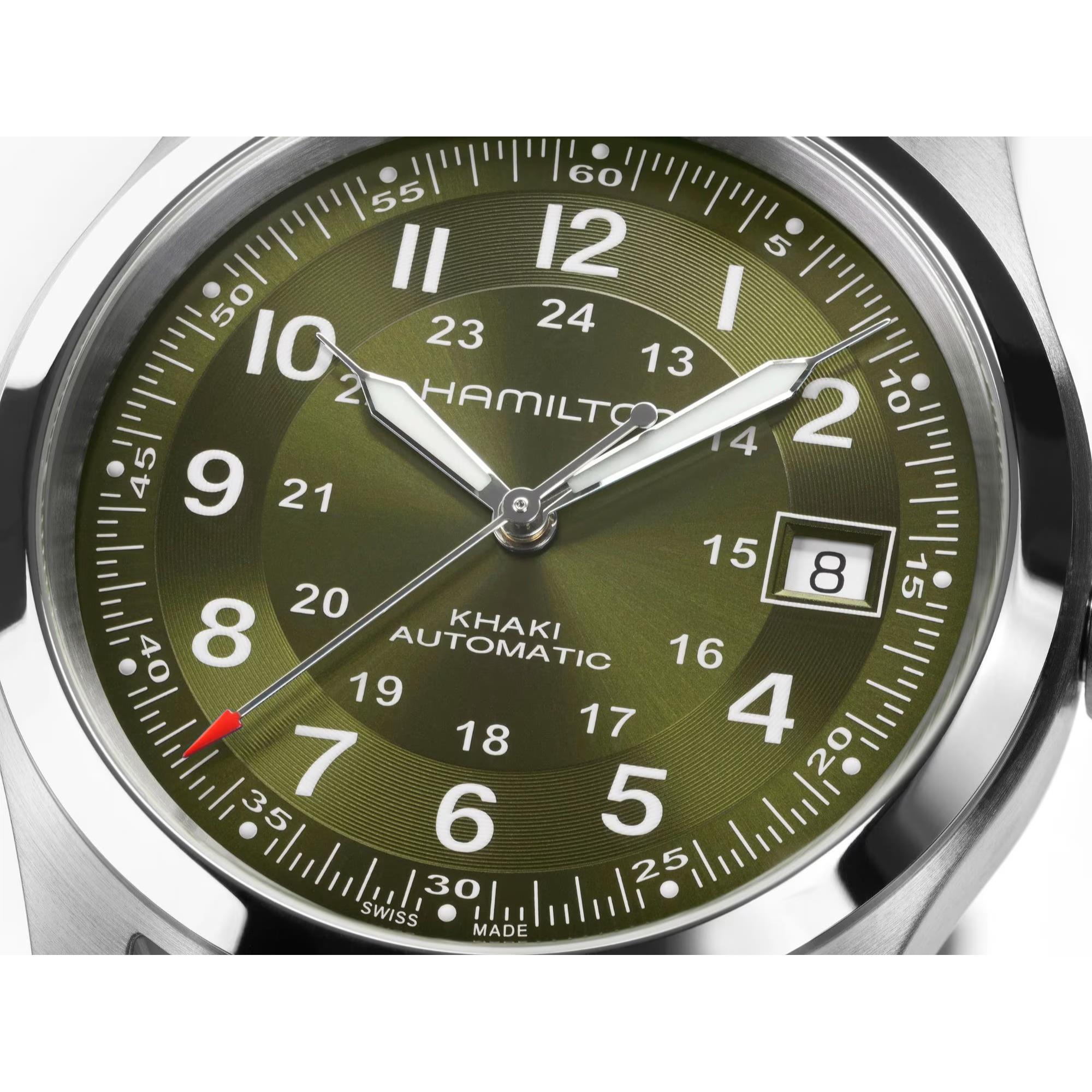 Hamilton Khaki Field H70455560 green sunray dial with snailing effect and Arabic numerals close-up