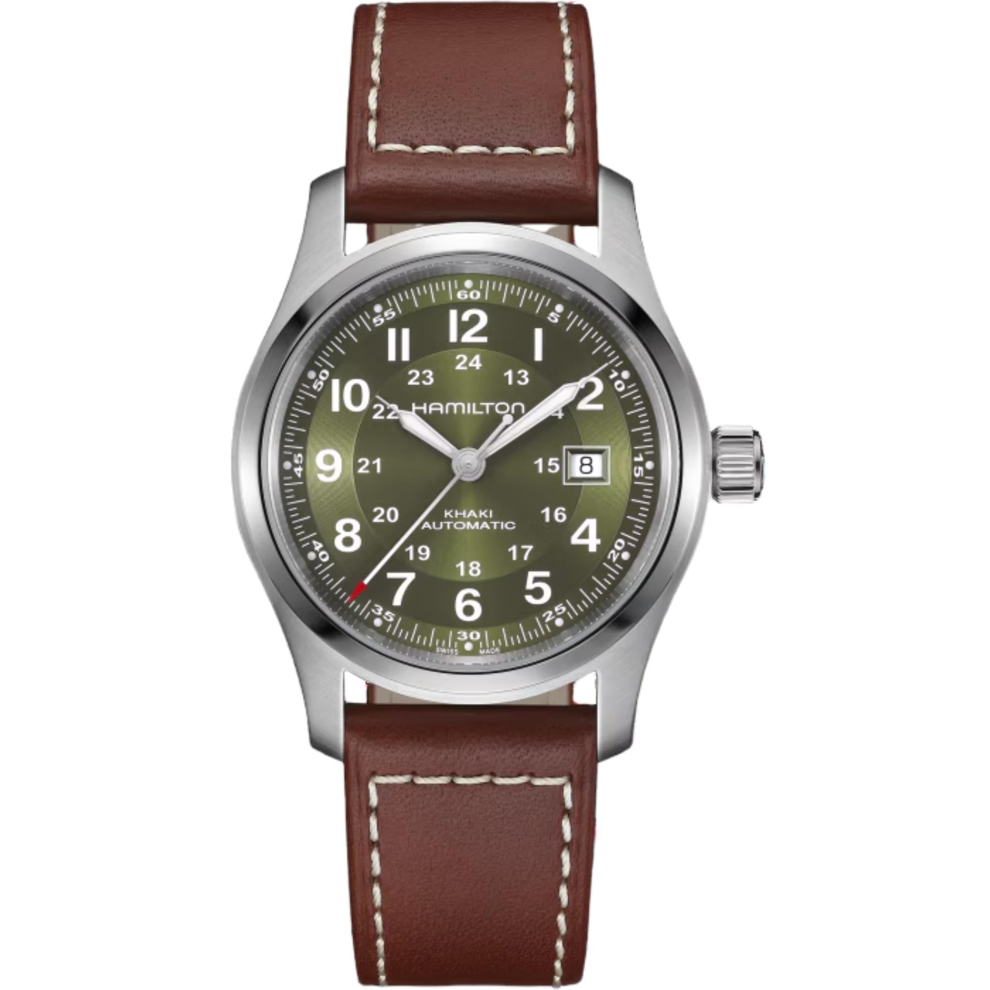 Hamilton Khaki Field 42mm Green Dial Leather automatic watch H70605560 front view