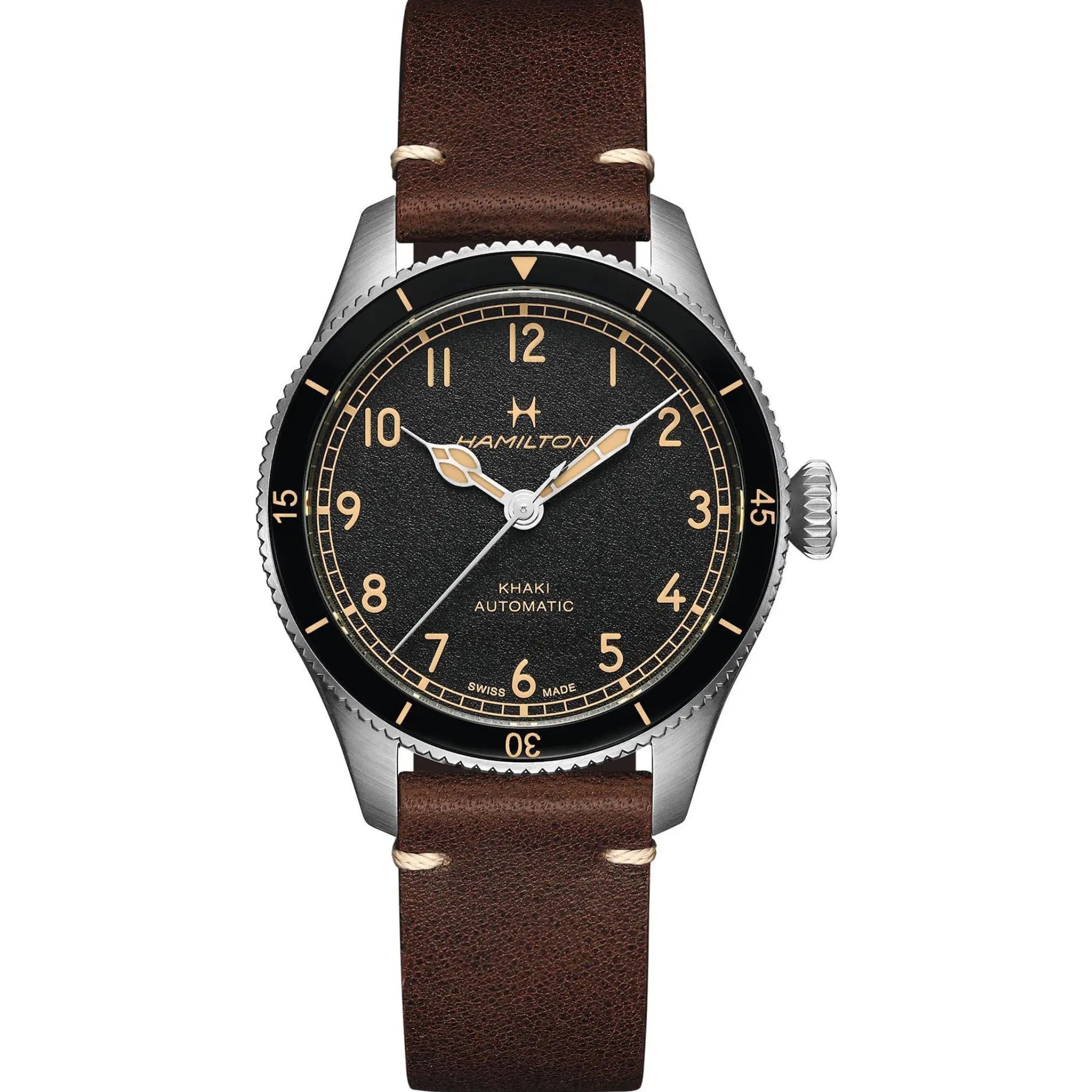 Hamilton Khaki Aviation Pilot Pioneer Black Dial Leather automatic watch H76205530 front view