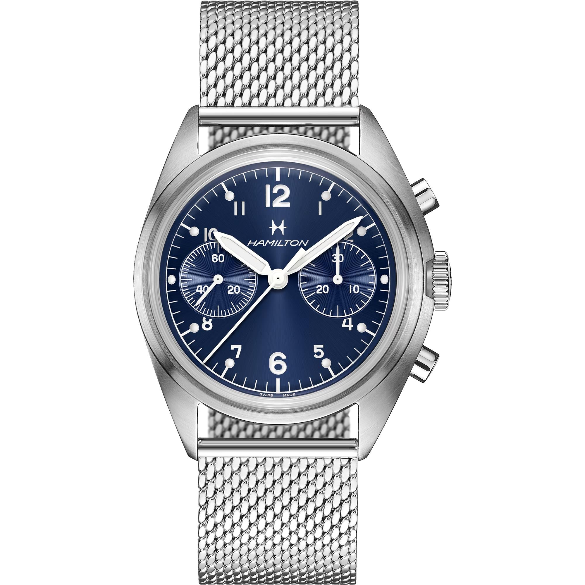 Hamilton Khaki Aviation 40mm Chronograph blue dial steel mechanical watch H76409140 front view