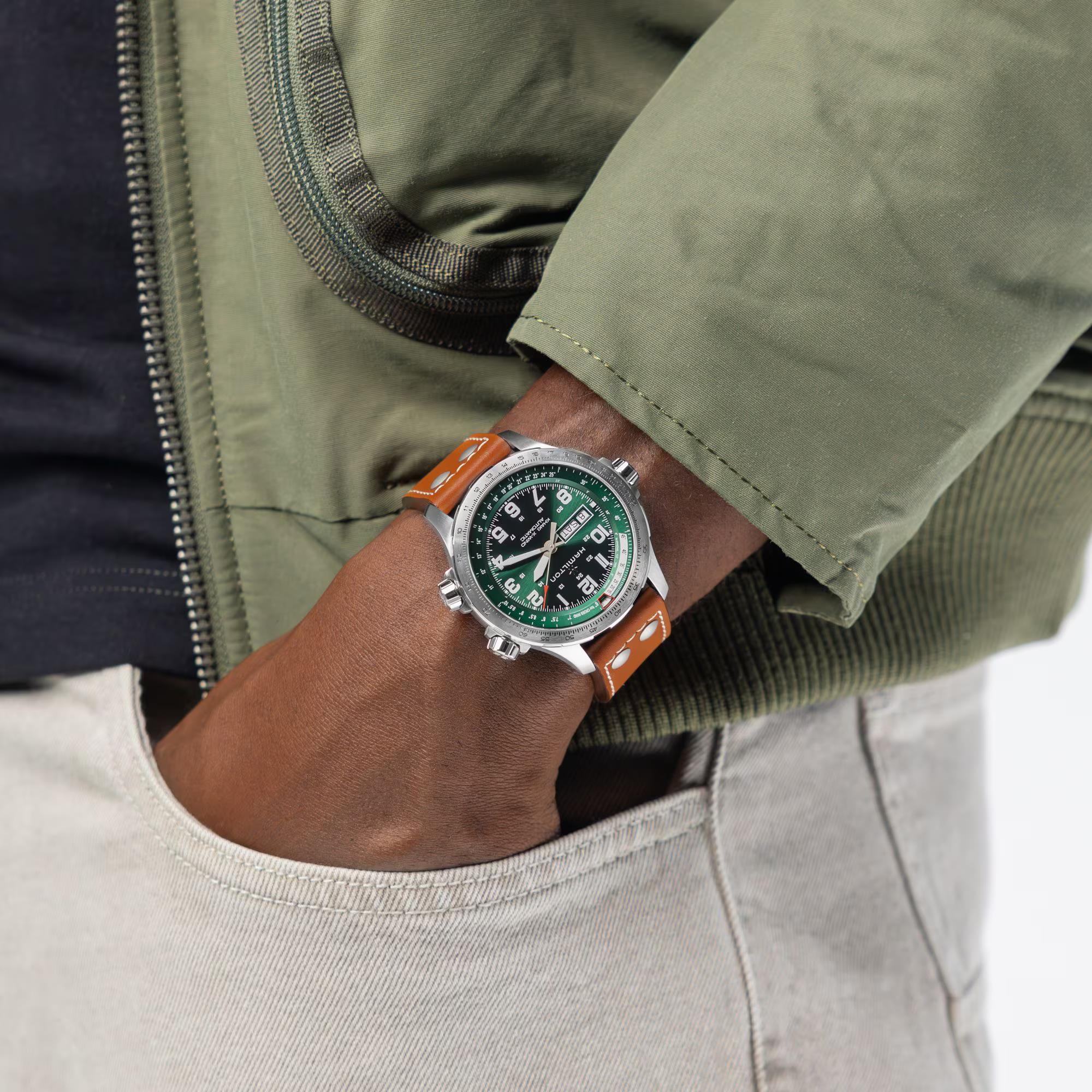 Hamilton Khaki Aviation X-Wind Green Dial Day Date watch worn on wrist H77735560