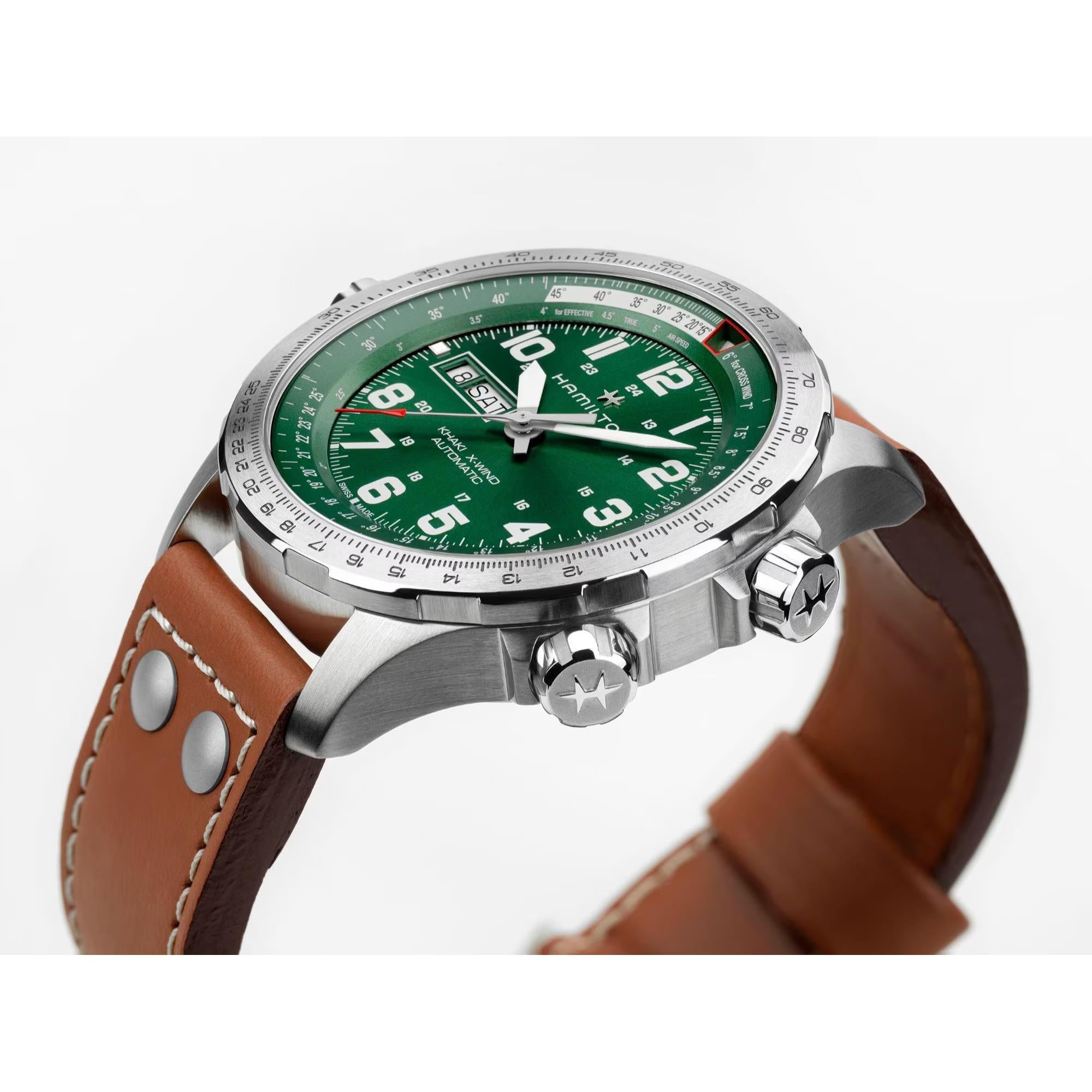 Hamilton Khaki Aviation H77735560 45mm stainless steel case with inner rotating bezel side profile