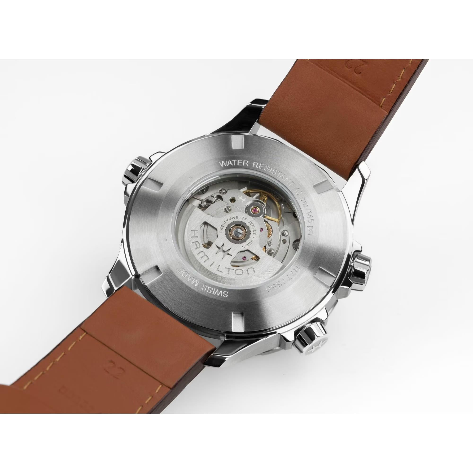 Hamilton Khaki Aviation H77735560 exhibition caseback revealing H-30 movement