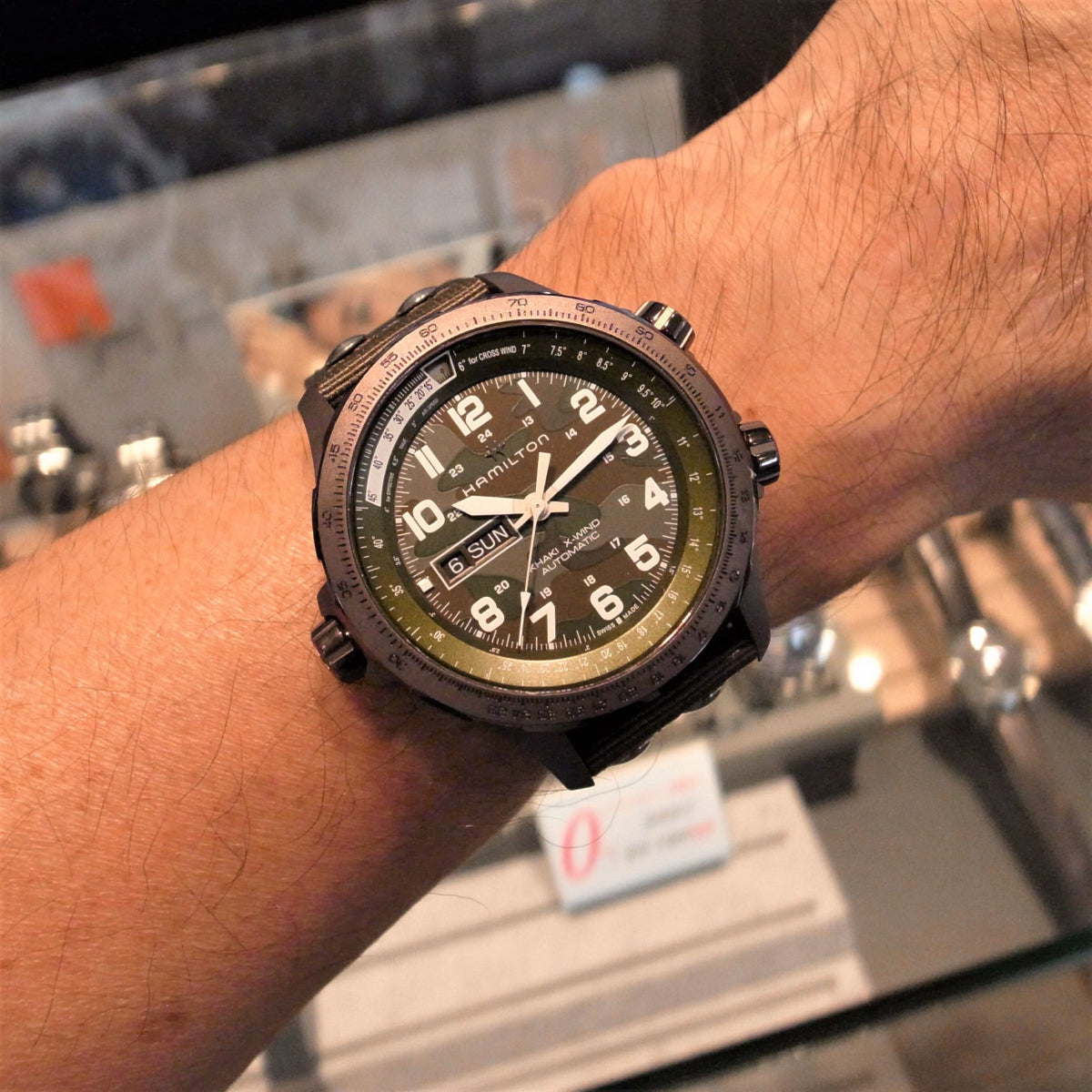 Hamilton Khaki Aviation X-Wind H77775960 automatic watch worn on wrist
