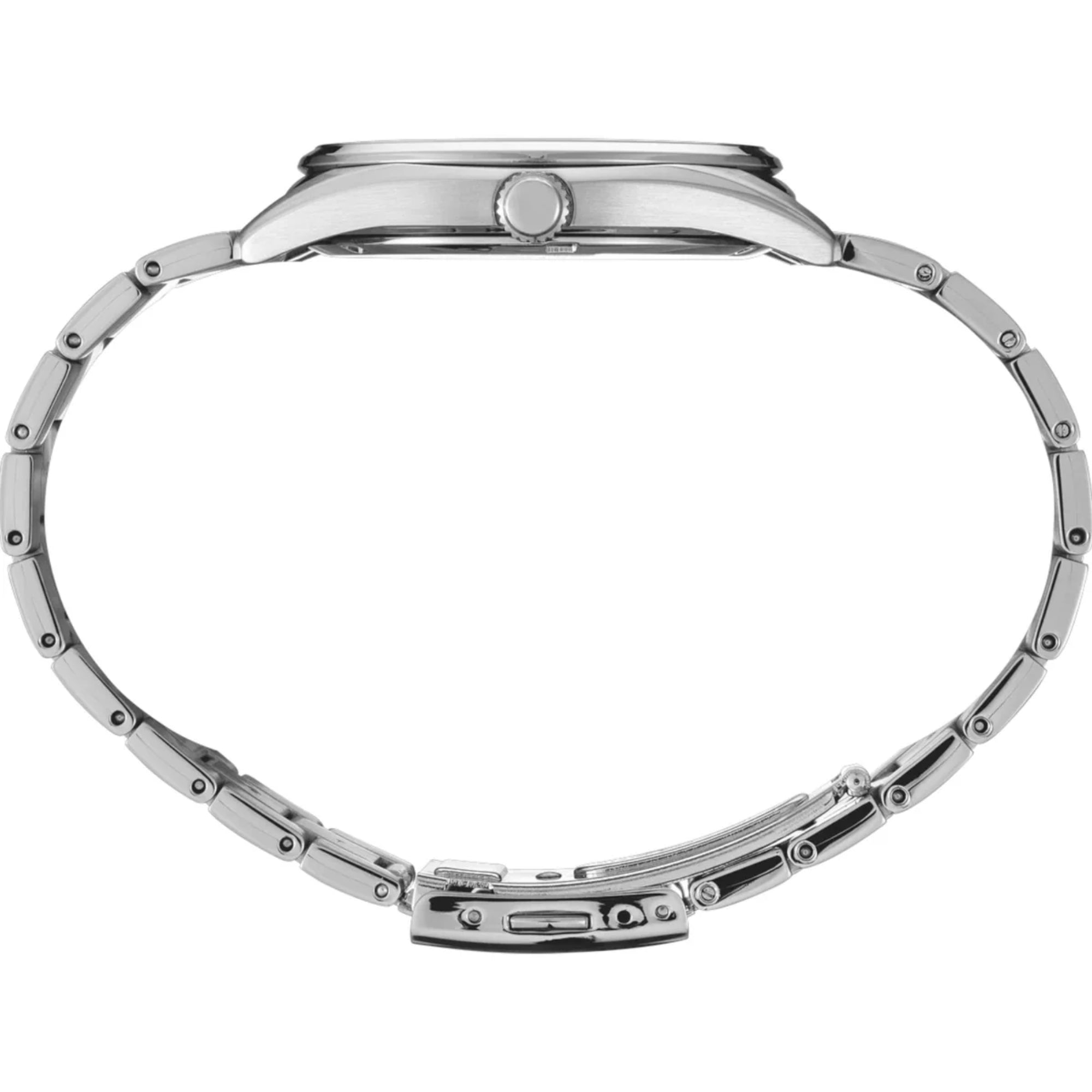 Seiko Essentials SUR343P1 quartz watch with full stainless steel bracelet laid flat showing side profile