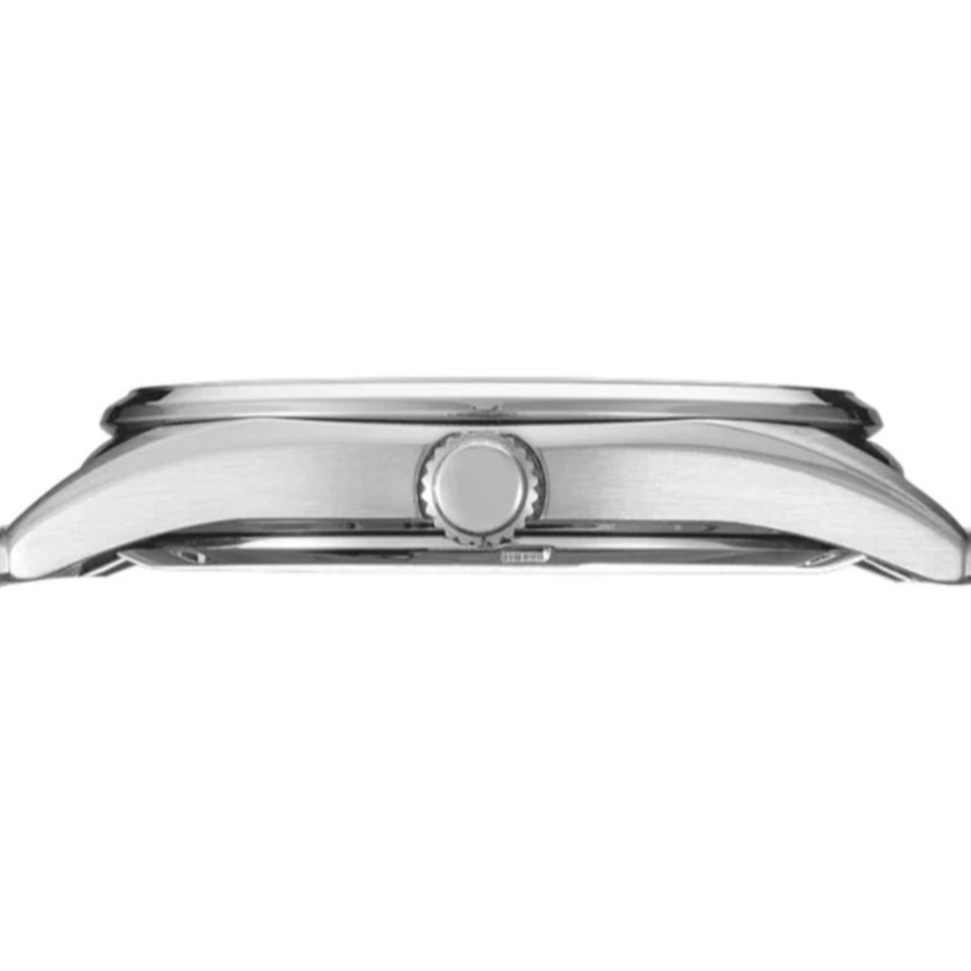 Side view of Seiko SUR343P1 showing case thickness and crown on white background