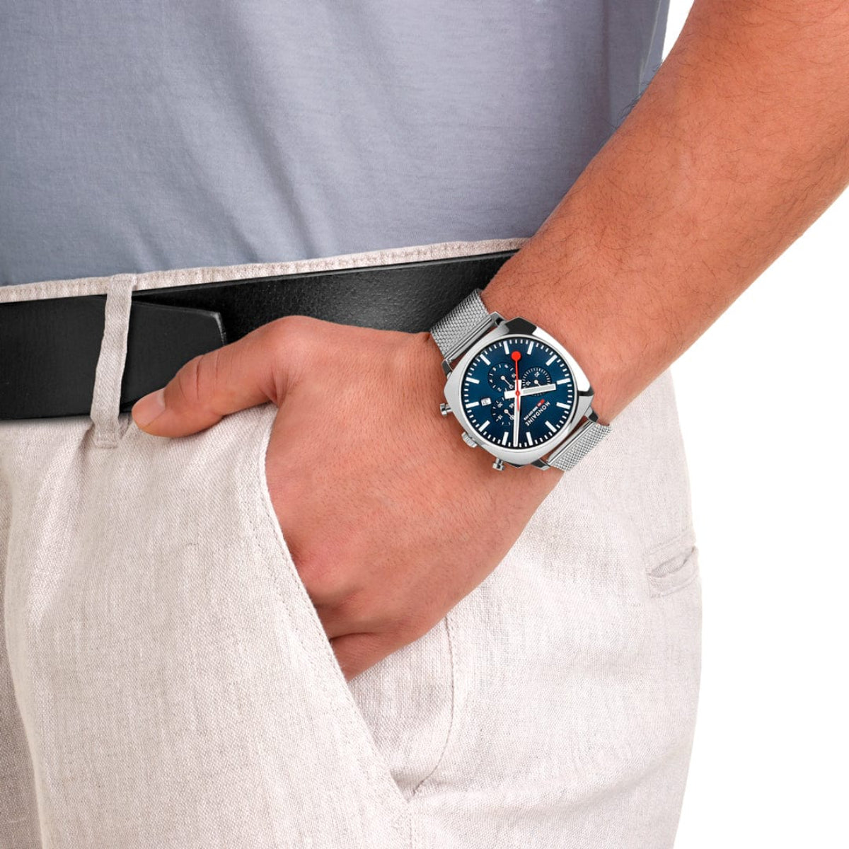 Mondaine Grand Cushion Square Blue Dial Textile Strap Watch MSL.41440.LD.SET