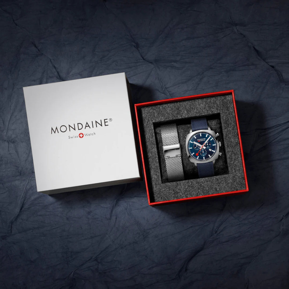 Mondaine Grand Cushion Square Blue Dial Textile Strap Watch MSL.41440.LD.SET