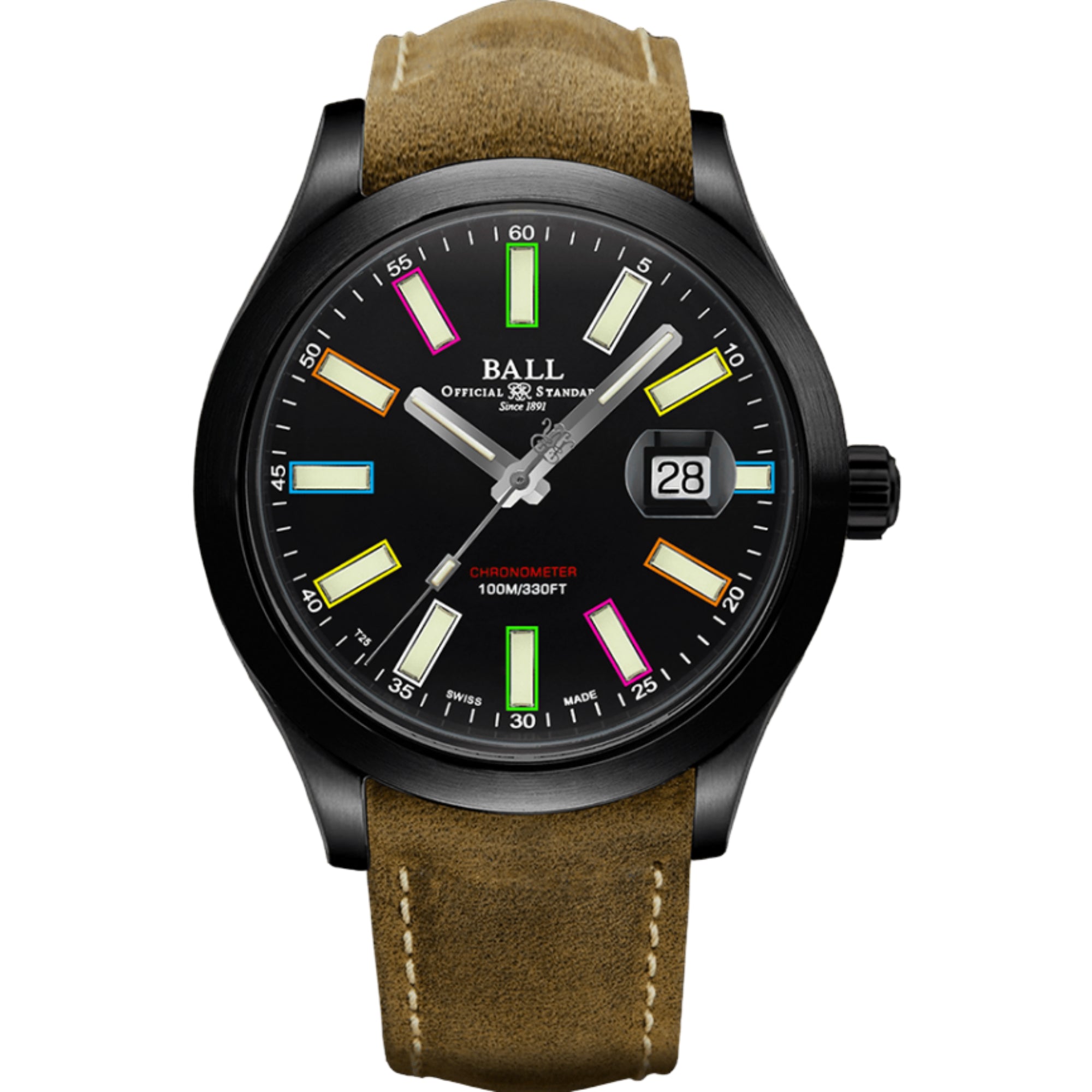 BALL Rainbow Automatik Schwarzes Zifferblatt Braunes Lederarmband Herren Uhr NM2028C-L28CJ-BK
