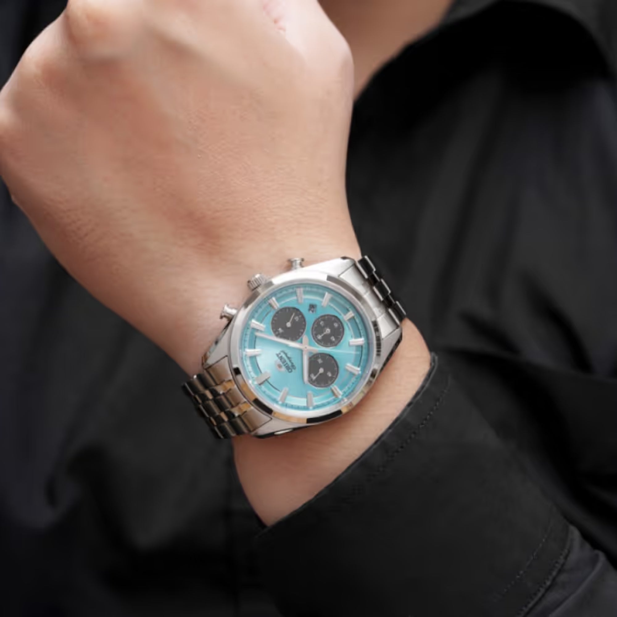 Orient Stretto 40mm Chronograph Blue Dial Steel Mens Solar Watch RA-TX0304L10B