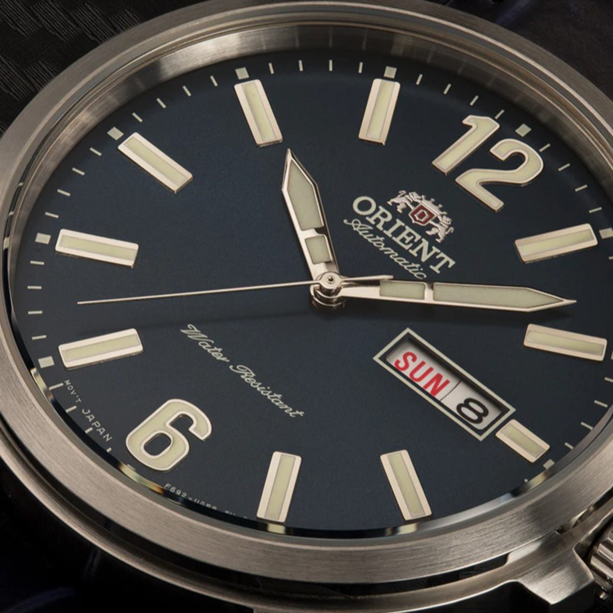 Orient RA-AA0C05L39B 42mm navy dial with date display close-up