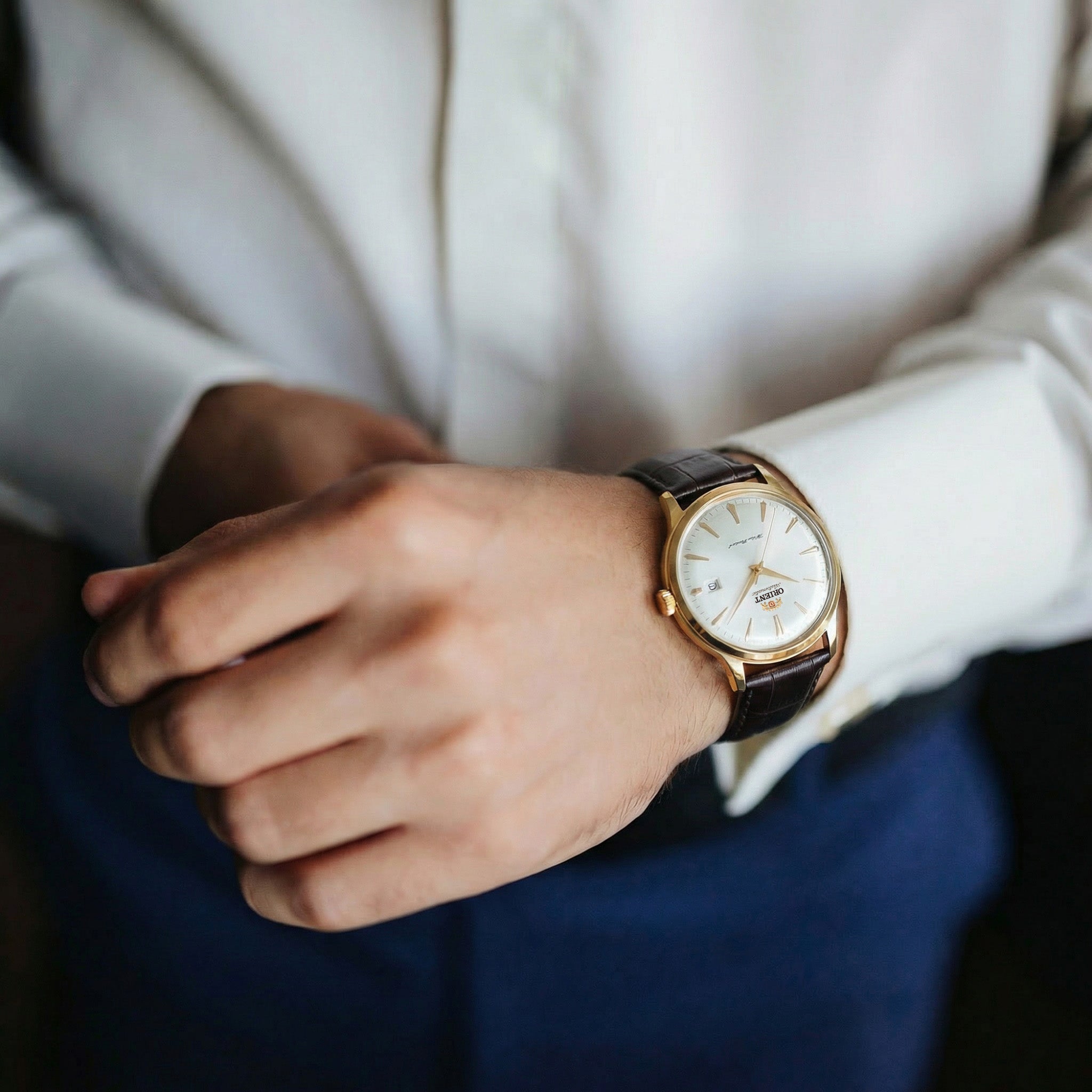 Orient Bambino RA-AC0028S30B automatic dress watch worn on wrist