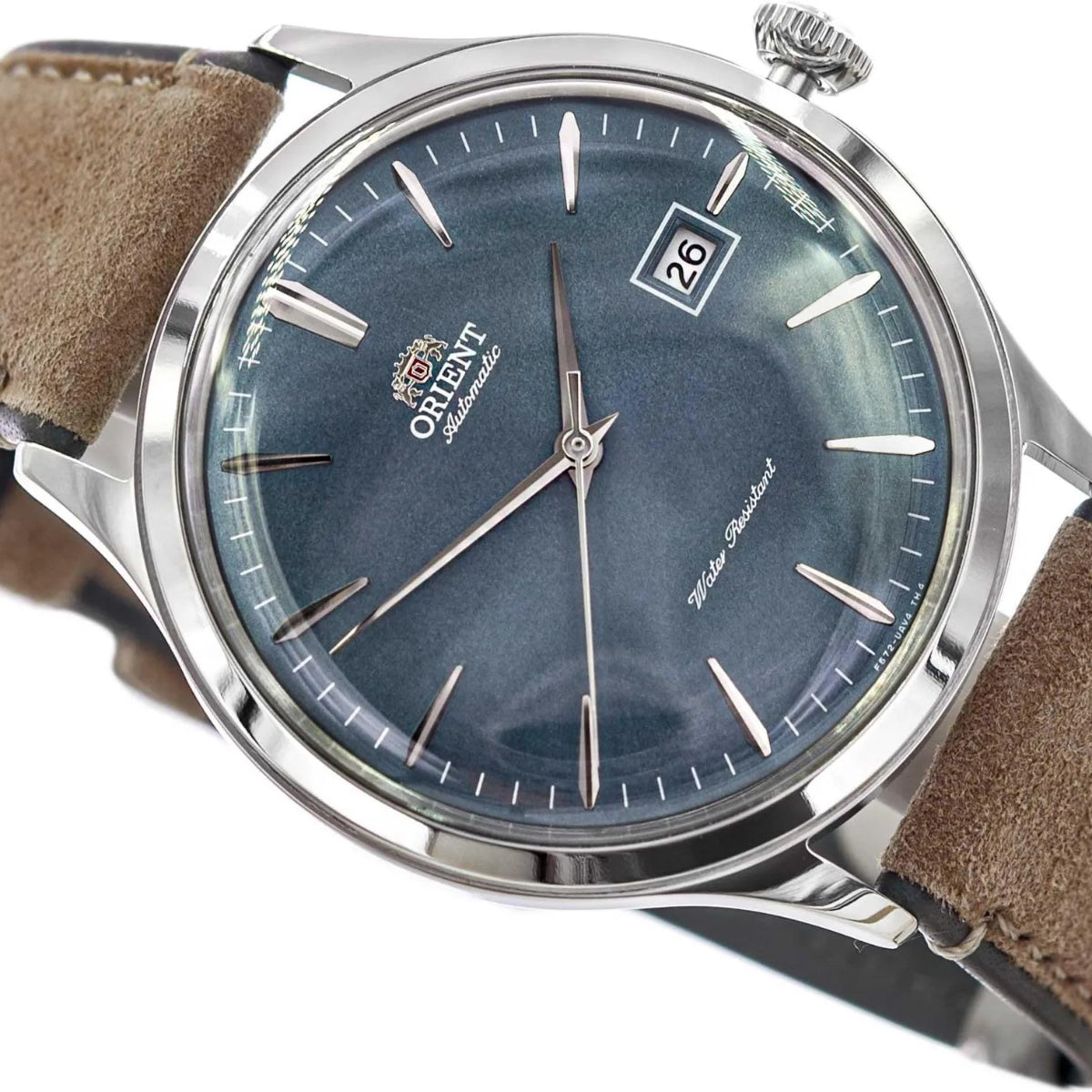Orient Bambino blue dial with date display close-up