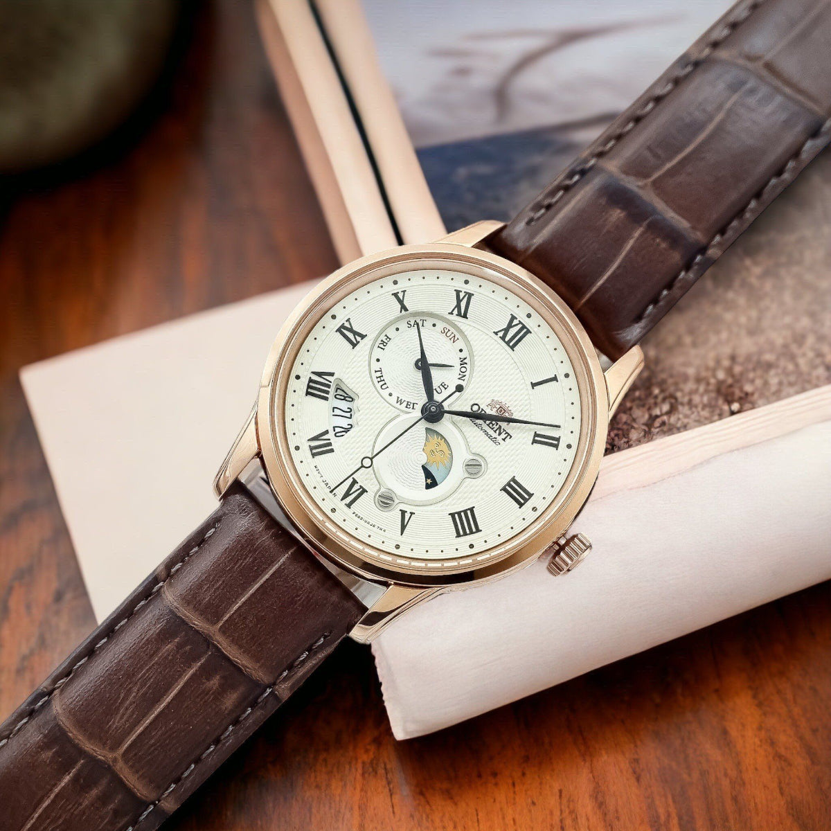 Orient Bambino 42.5mm Sun & Moon Champagne Dial Leather Mens Automatic Watch RA-AK0007S30B