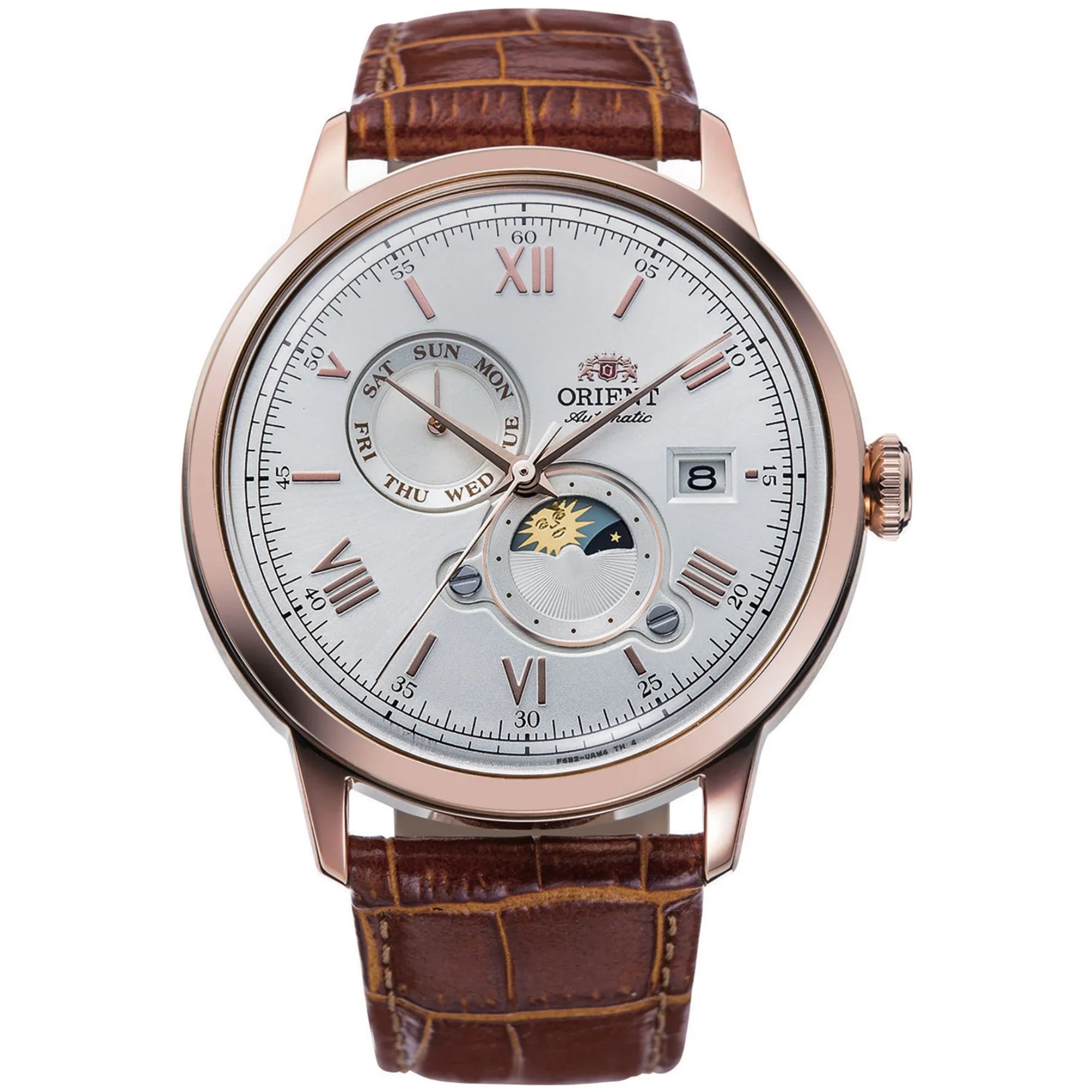 Orient Bambino 41mm Sonne & Mond Silbernes Zifferblatt Leder Automatik Herren Uhr RA-AK0801S30B